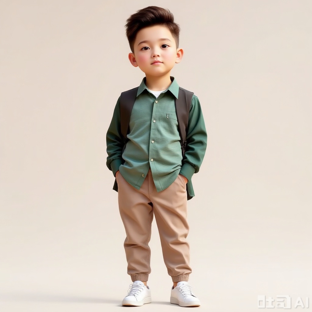 Wearing a green striped shirt, beige casual pants, boy