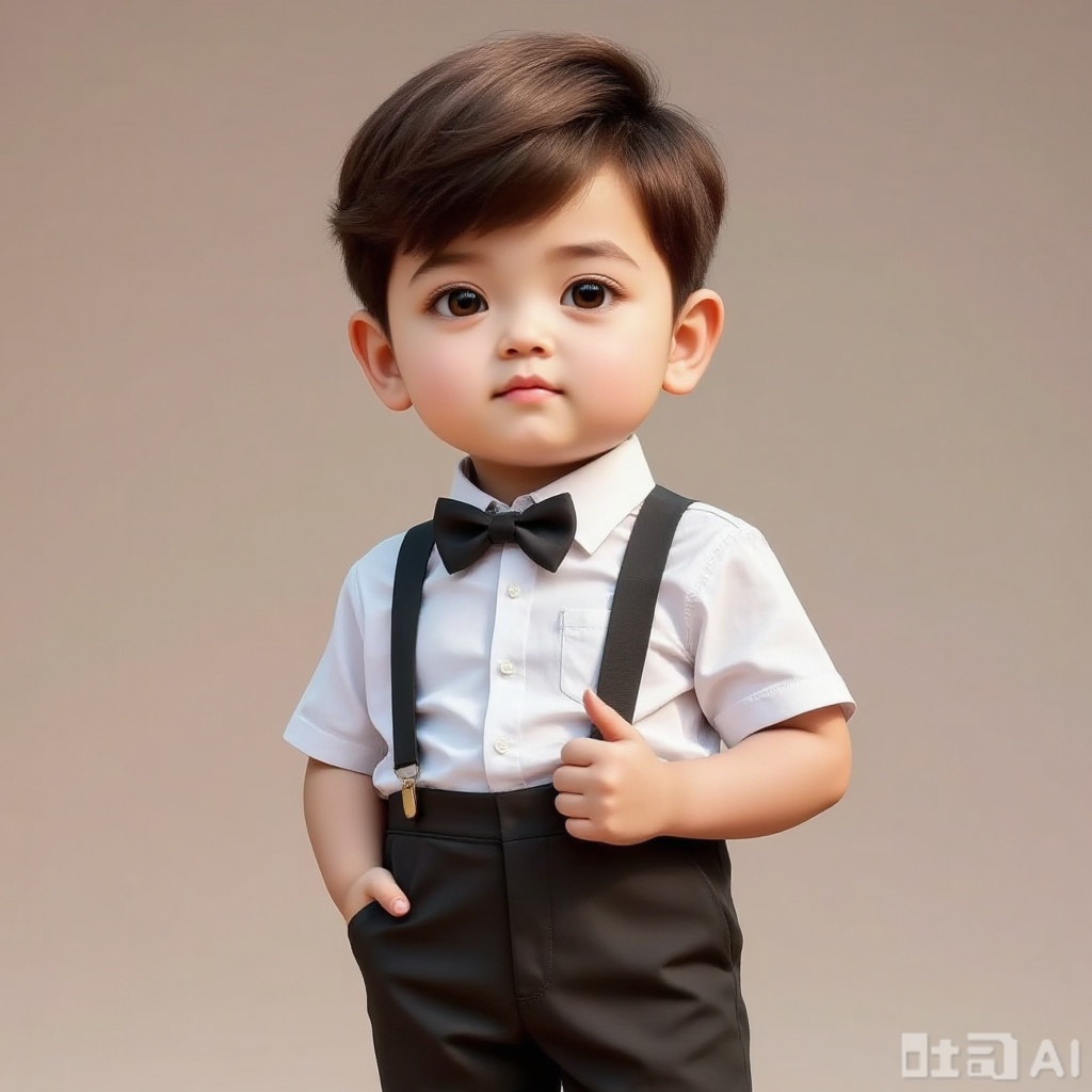 Wearing white short sleeves, black overalls, bow tie, boy
