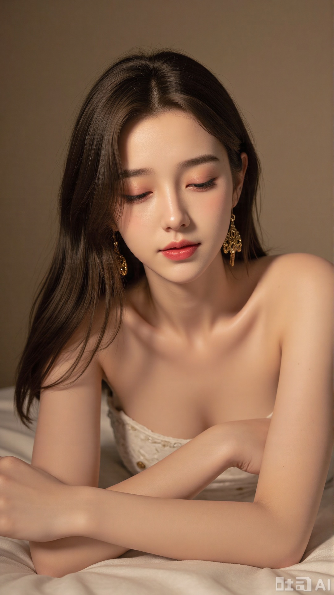  a beautiful woman with fair skin and long wavy brown hair lying down with her eyes closed and a serene smile. She wears red lipstick and has delicate golden earrings. The lighting is soft and warm casting gentle shadows and highlighting her features. The background is a plain neutral color ensuring focus remains on the subject.Delicate Realism