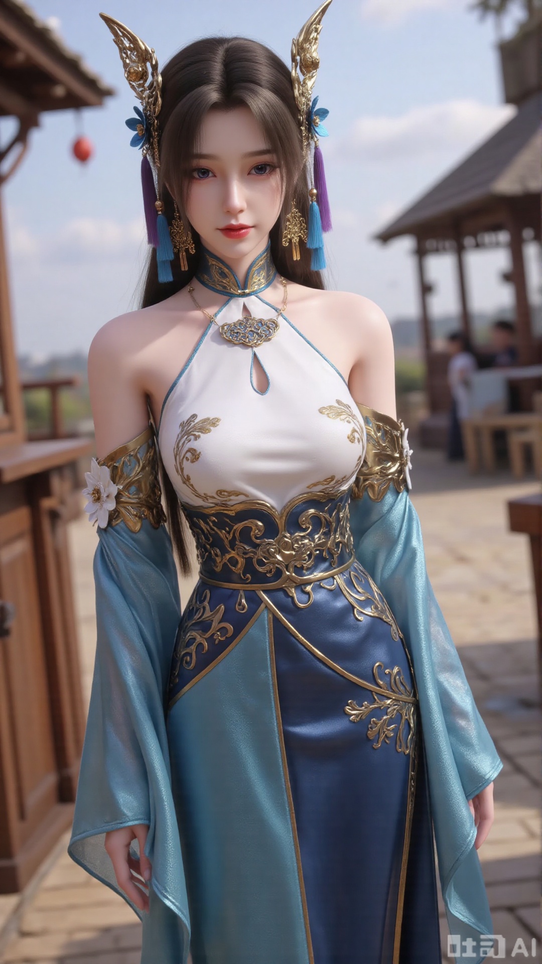 1girl, long hair, solo, dress, hair ornament, mischevious smile, perfect body, scenery, sharp focus, best quality, masterpiece, detailed outfit, illustration, perfect eyes, finely detailed beautiful anime eyes, realistic skin, intricate details, best lighting, depth of field, ultra high resolution,cowboy_shot