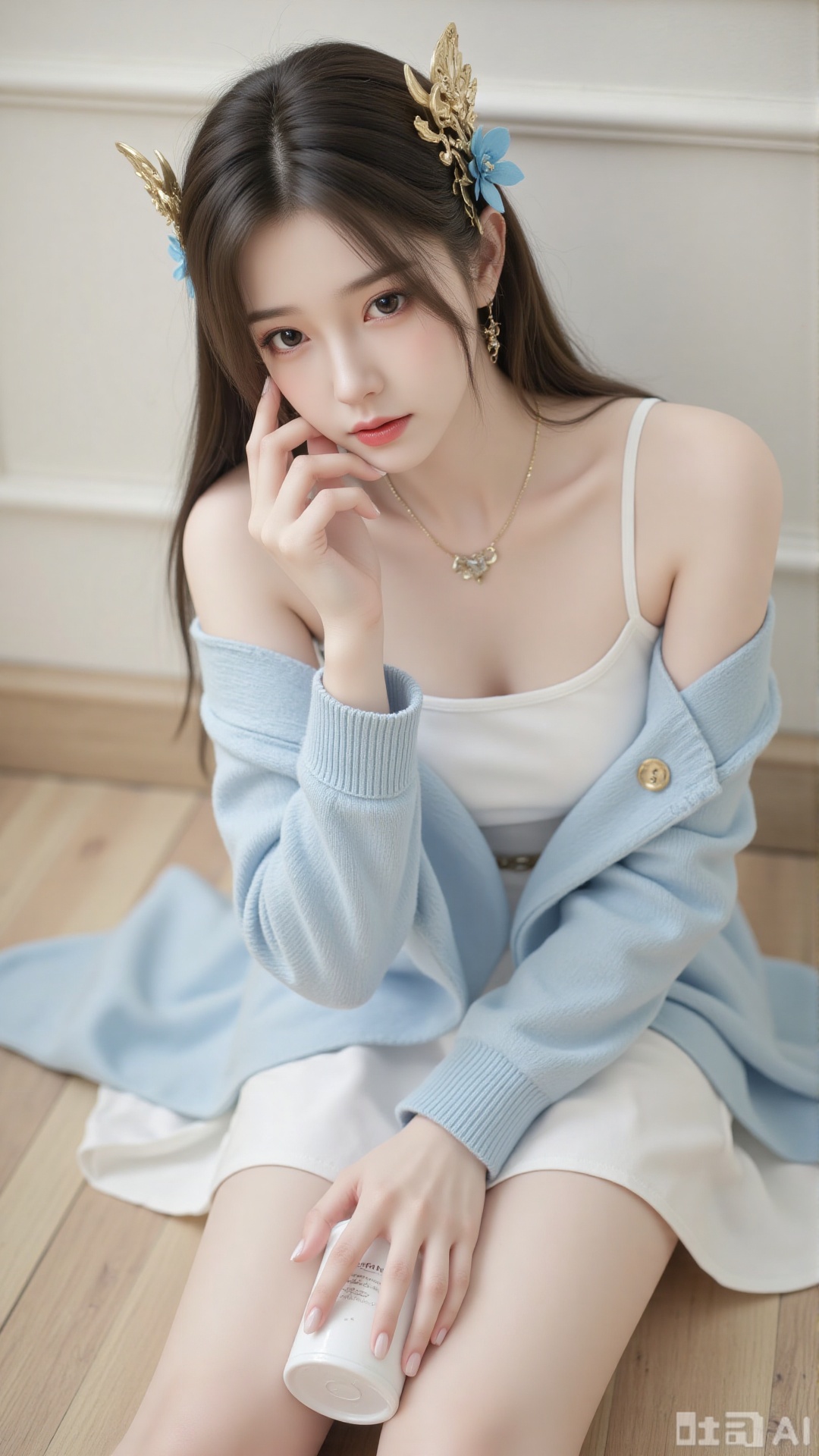 The image shows a young woman sitting on the floor, dressed in a light blue cardigan and white camisole. She is holding a white object, possibly a cup or a small container, with her right hand. Her left hand is resting on her cheek, and she is looking directly at the camera. 