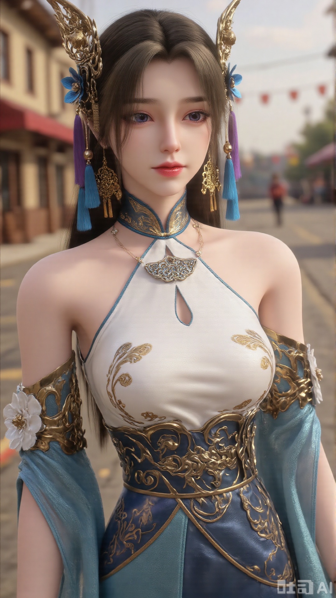 1girl, long hair, solo, dress, hair ornament, mischevious smile, perfect body, scenery, sharp focus, best quality, masterpiece, detailed outfit, illustration, perfect eyes, finely detailed beautiful anime eyes, realistic skin, intricate details, best lighting, depth of field, ultra high resolution,cowboy_shot