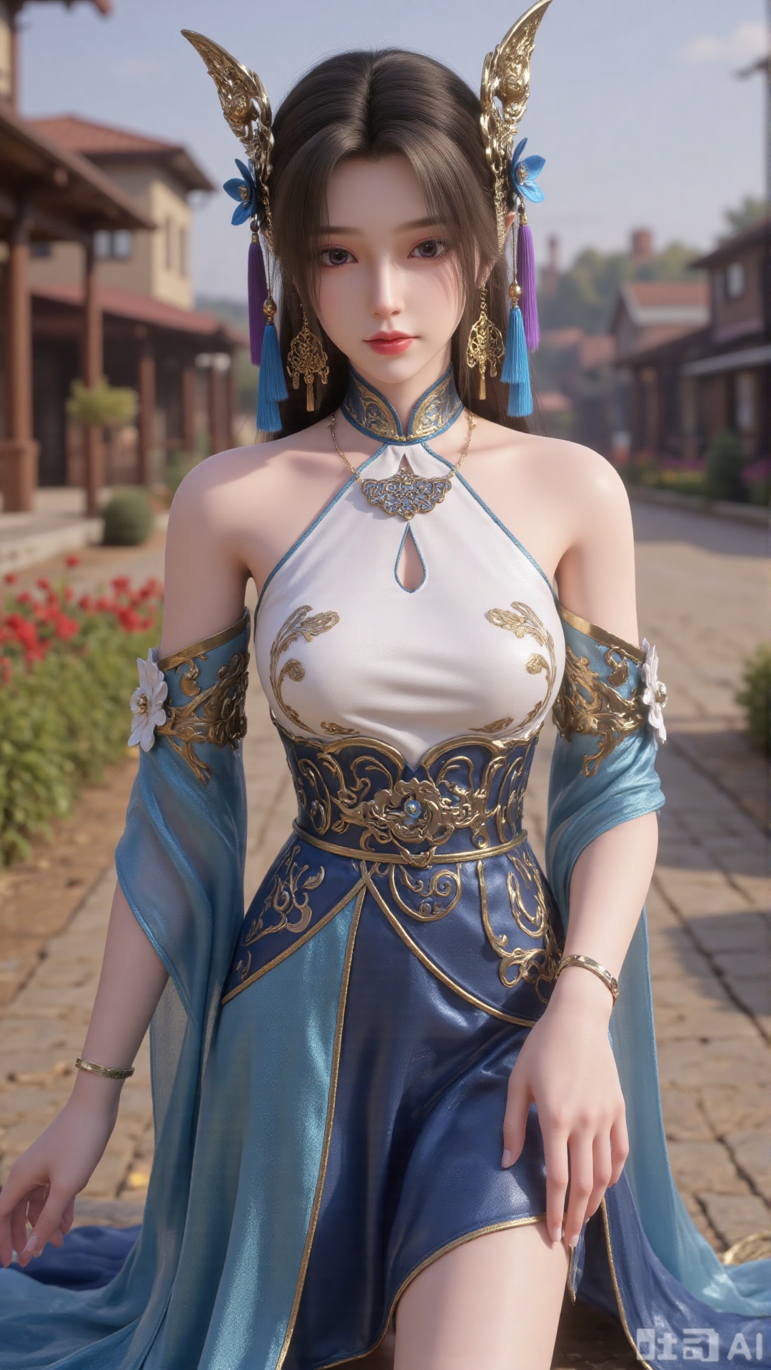 1girl, long hair, solo, dress, hair ornament, mischevious smile, perfect body, scenery, sharp focus, best quality, masterpiece, detailed outfit, illustration, perfect eyes, finely detailed beautiful anime eyes, realistic skin, intricate details, best lighting, depth of field, ultra high resolution,cowboy_shot