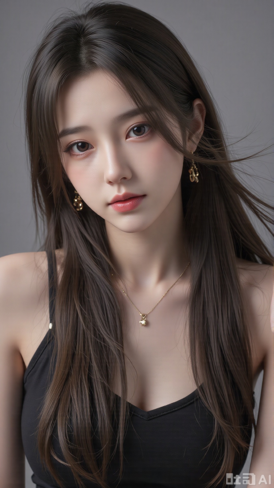  masterpiece, best quality, 1girl ,(( grey background)), long hair, floating hair,looking at viewers, happy, ((front)), (studio light),upper body,soft light,dark style, summer, FilmGirl