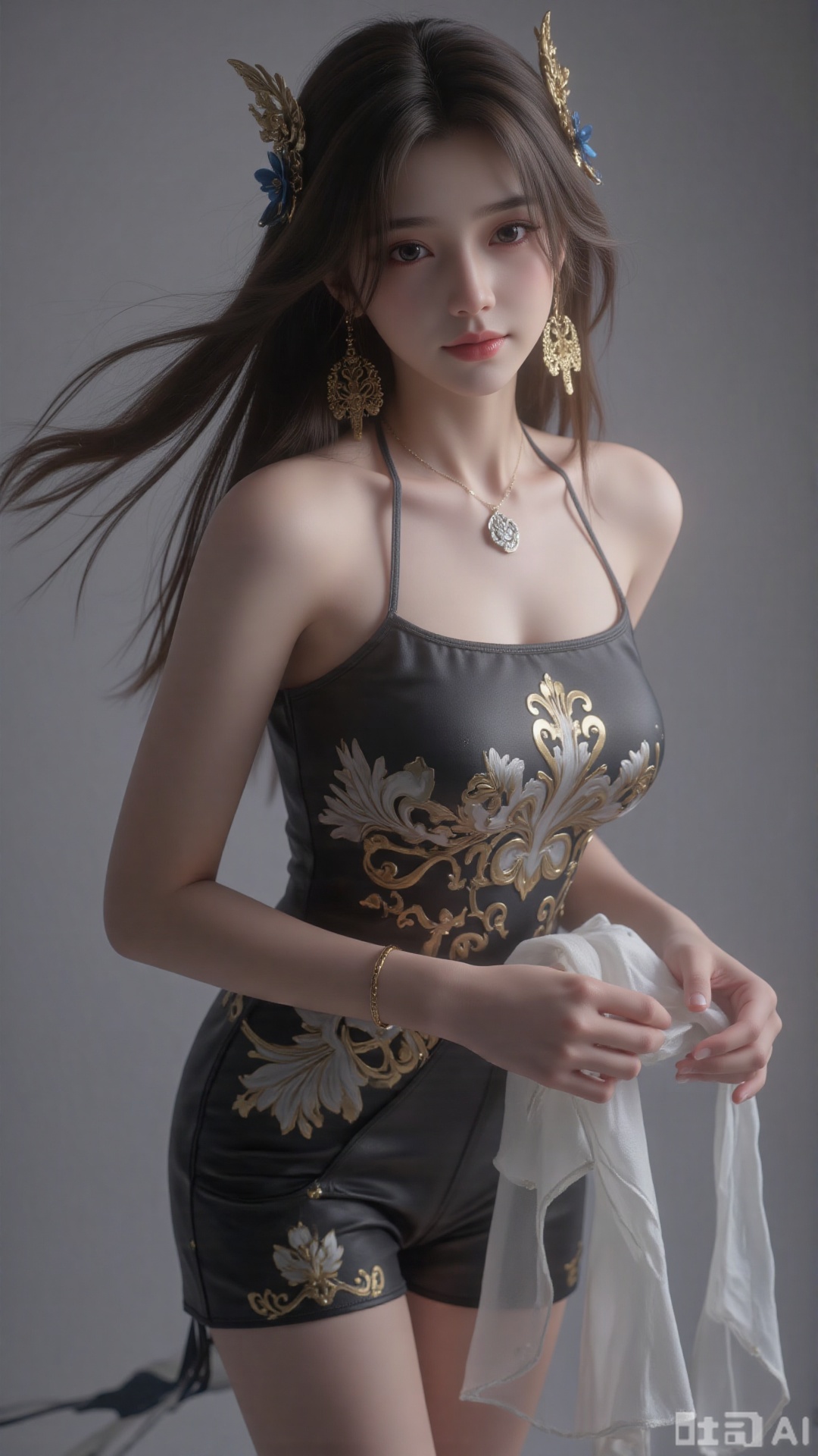  masterpiece, best quality, 1girl ,(( grey background)), long hair, floating hair,looking at viewers, happy, ((front)), (studio light),upper body,soft light,dark style, summer, FilmGirl