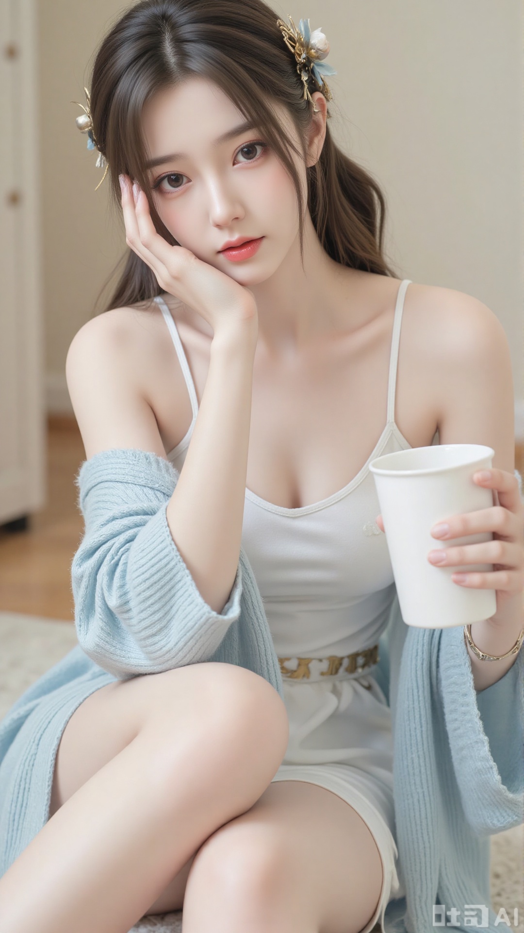 The image shows a young woman sitting on the floor, dressed in a light blue cardigan and white camisole. She is holding a white object, possibly a cup or a small container, with her right hand. Her left hand is resting on her cheek, and she is looking directly at the camera. 