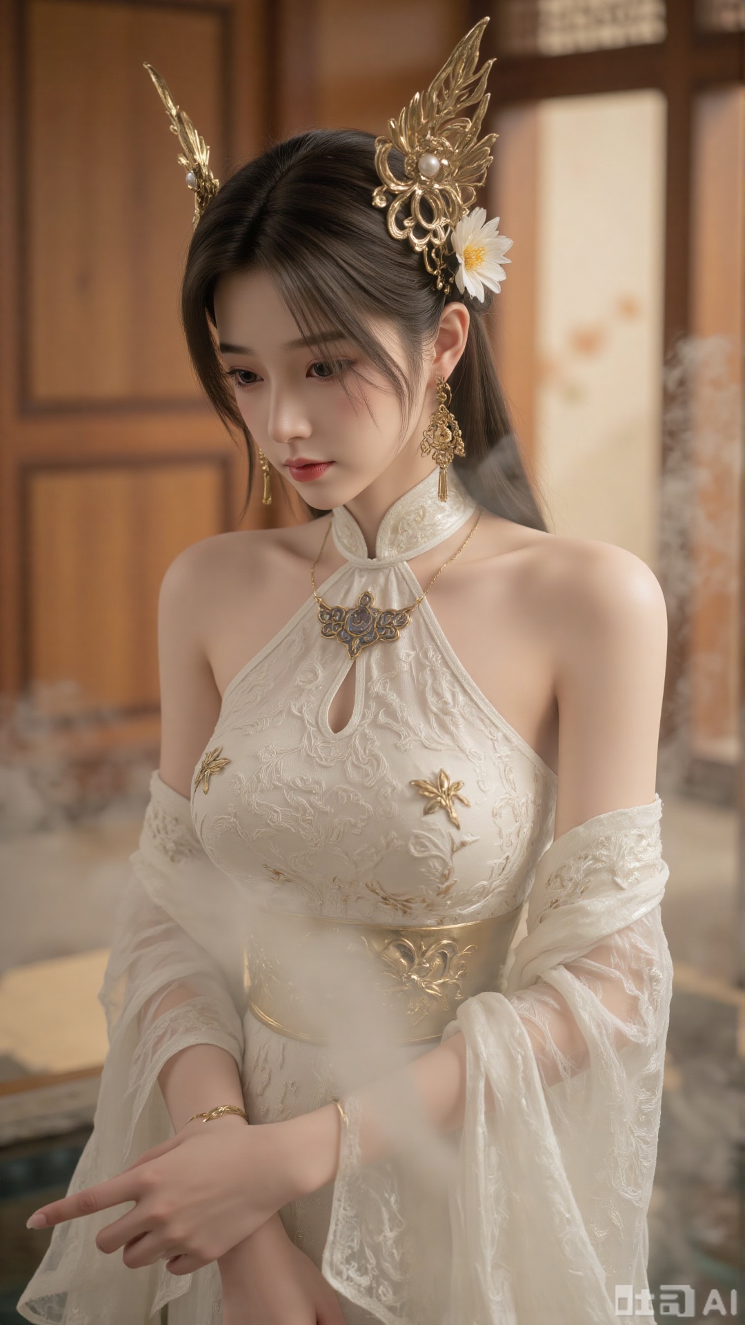 Ancient costume beauties,This is a high-resolution photograph of an East Asian woman, likely in her twenties, standing waist-deep in a steamy, misty pool. She has fair skin, delicate facial features, and long, straight black hair styled in an elegant updo adorned with traditional ornamental hairpins featuring intricate gold designs and pearls. Her eyes are almond-shaped and accentuated with subtle makeup, giving her a serene, contemplative expression.

She is wearing a white, lace halter top with intricate floral patterns, paired with a sheer, off-white, long-sleeved blouse that drapes over her shoulders, adding a soft, ethereal texture to her attire. The mist around her creates a dreamy, otherworldly atmosphere, with soft, diffused light casting gentle shadows that highlight her delicate features and the lace patterns of her top.

The background features wooden architecture with warm, earthy tones, suggesting an indoor setting with traditional wooden elements, possibly a bathhouse or a historical Japanese-style room. The wooden panels are partially visible, adding a sense of depth and historical context to the scene. The overall mood of the photograph is serene and nostalgic, capturing a moment of quiet reflection in a tranquil, ancient setting.