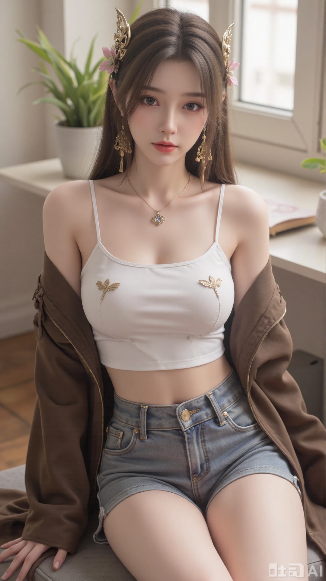 masterpiece,very aware,highres,absurdres,newest,best quality,high quality,chromatic_aberration,cinematic_angle,dutch angle, 1girl, solo, shorts, off shoulder, navel, looking at viewer, strap slip, camisole, sitting, long hair, jacket, short shorts, breasts, dolphin shorts, plant, grey shorts, midriff, brown jacket, bare shoulders, closed mouth, crop top, white camisole, open clothes, feet out of frame, open jacket, indoors, brown hair, thighs, expressionless, spaghetti strap, window, shirt, half-closed eyes, sleeveless, bare legs, potted plant, long sleeves, stomach, white shirt, blue shorts, sleeveless shirt, collarbone, very aesthetic,absurdres,newest,masterpiece,safe,amazing quality,(aestivation:1.4)
