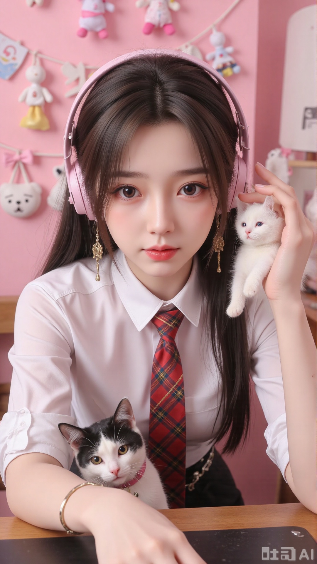 long, dark hair, wearing headphones, pink-themed room, white shirt, red plaid tie, black dress, white cat, pink bow, stuffed animals, decorations, cozy atmosphere, whimsical scene