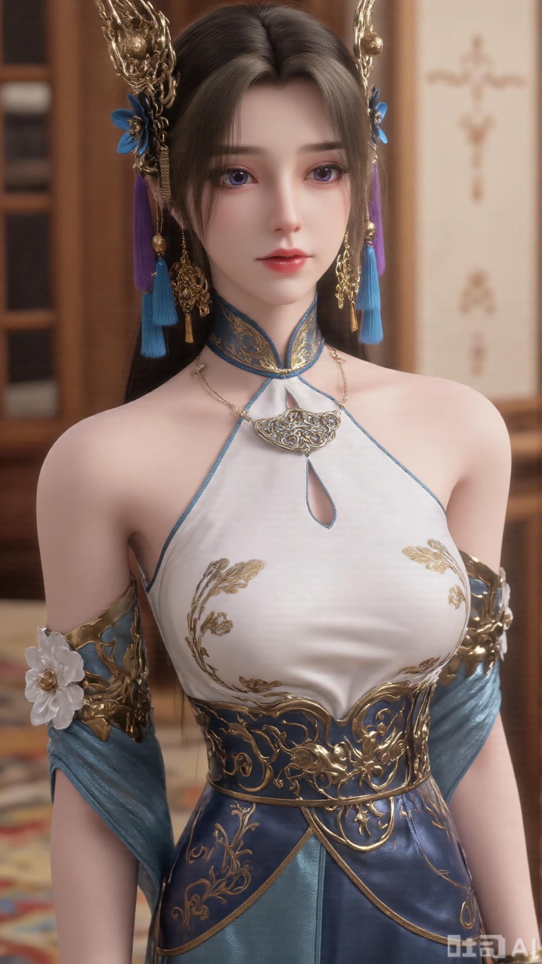 1girl, long hair, solo, dress, hair ornament, mischevious smile, perfect body, scenery, sharp focus, best quality, masterpiece, detailed outfit, illustration, perfect eyes, finely detailed beautiful anime eyes, realistic skin, intricate details, best lighting, depth of field, ultra high resolution,cowboy_shot