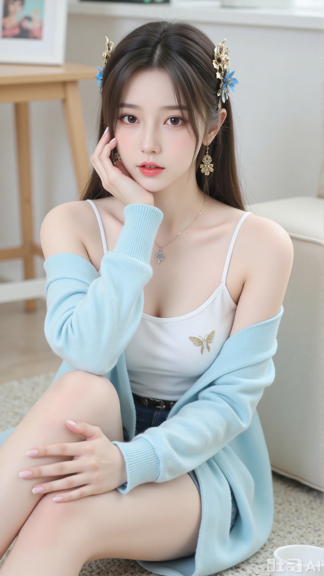 The image shows a young woman sitting on the floor, dressed in a light blue cardigan and white camisole. She is holding a white object, possibly a cup or a small container, with her right hand. Her left hand is resting on her cheek, and she is looking directly at the camera. 