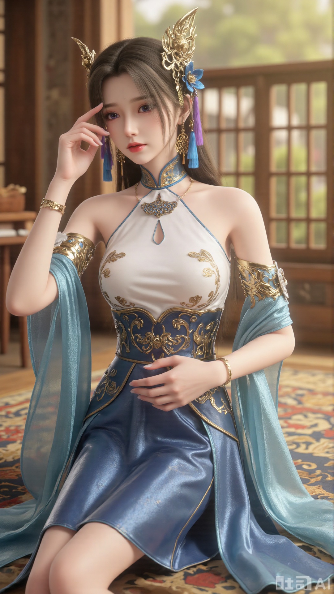1girl, long hair, solo, dress, hair ornament, mischevious smile, perfect body, scenery, sharp focus, best quality, masterpiece, detailed outfit, illustration, perfect eyes, finely detailed beautiful anime eyes, realistic skin, intricate details, best lighting, depth of field, ultra high resolution,cowboy_shot