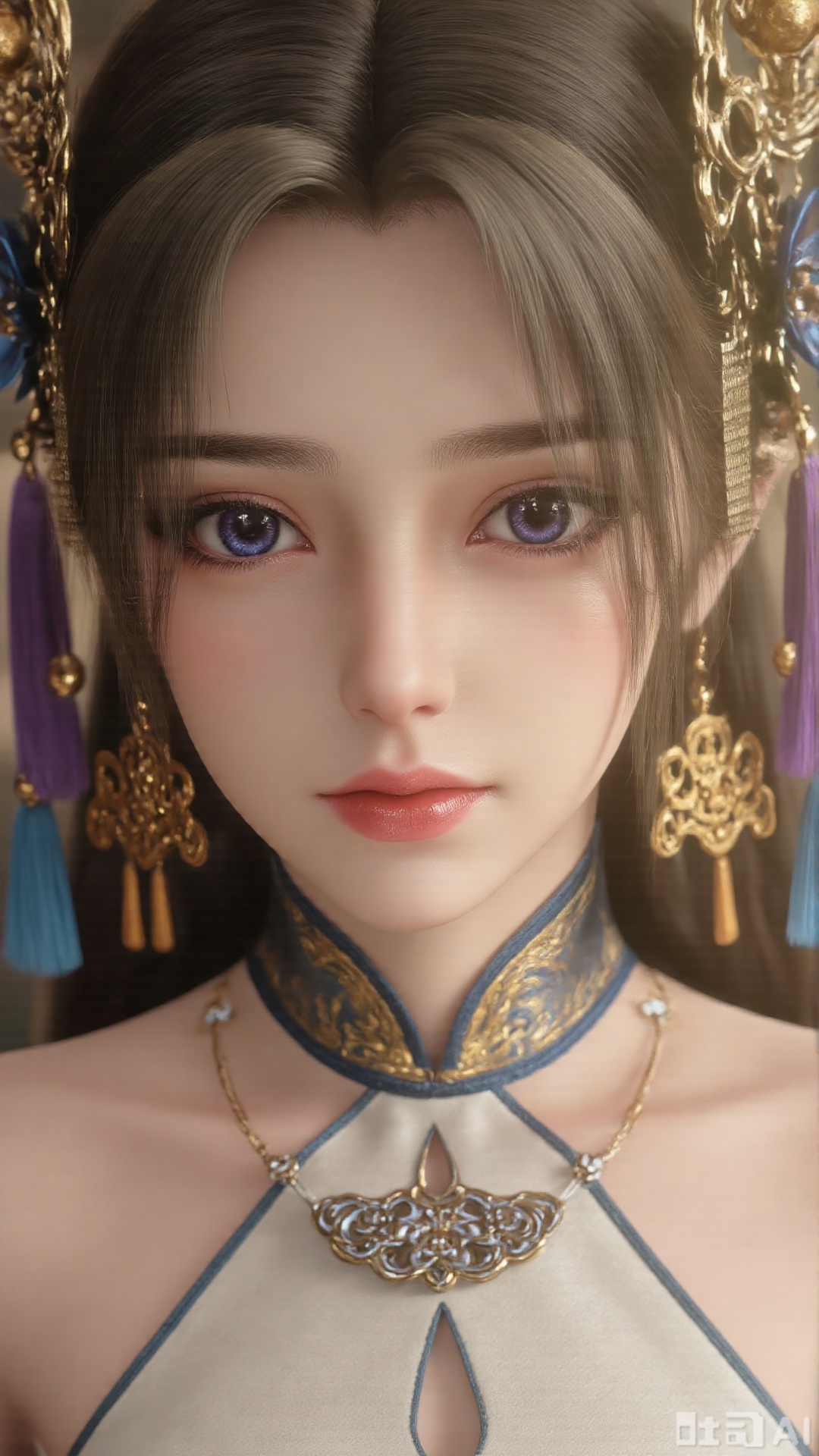 1girl, long hair, solo, dress, hair ornament, mischevious smile, perfect body, scenery, sharp focus, best quality, masterpiece, detailed outfit, illustration, perfect eyes, finely detailed beautiful anime eyes, realistic skin, intricate details, best lighting, depth of field, ultra high resolution,cowboy_shot
