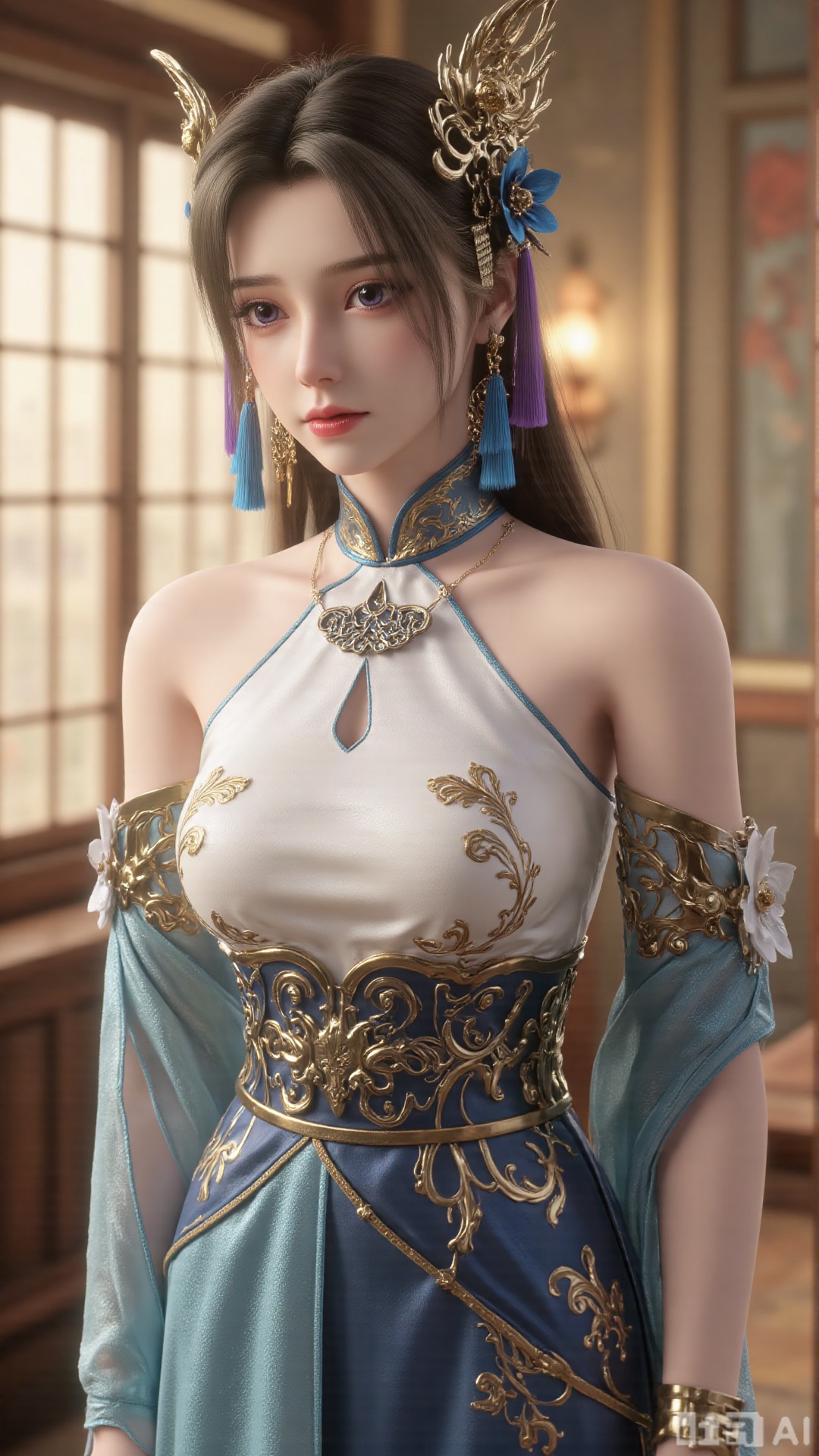 1girl, long hair, solo, dress, hair ornament, mischevious smile, perfect body, scenery, sharp focus, best quality, masterpiece, detailed outfit, illustration, perfect eyes, finely detailed beautiful anime eyes, realistic skin, intricate details, best lighting, depth of field, ultra high resolution,cowboy_shot