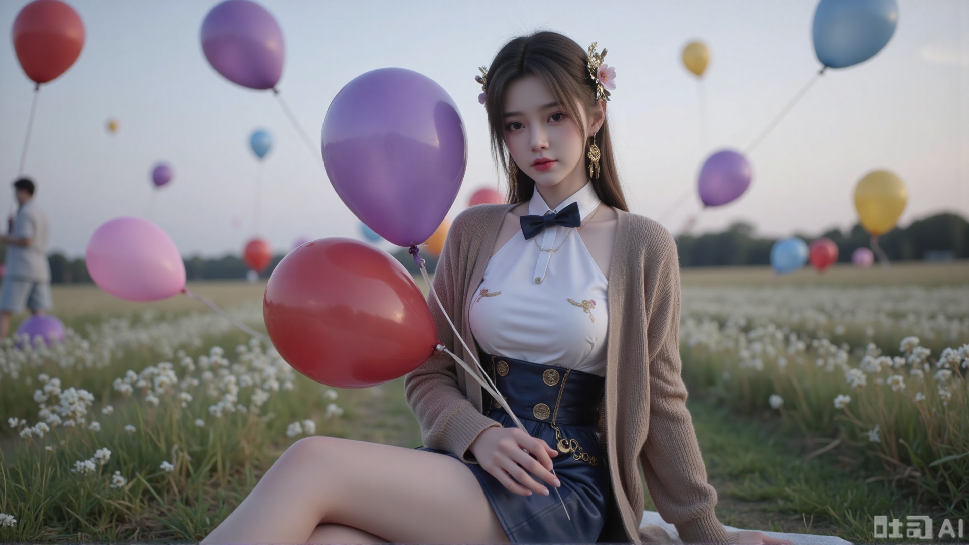 depth of field, wide shot, dynamic angle, dutch angle, portrait, (Inception_(film)), solo, girl sitting, holding ballons, (from side:0.7), looking at viewer, upper body, original, (medium chest), long hair, ((red eyes)), blunt bangs, school uniform, bow, brown (cardigan), open clothes, outdoors, scenery, purple theme, evening, meadow, daizy, white flowers, (sky:1.2), (floating colorful balloons surround:1.2), wind blowing, blurry, handsome,