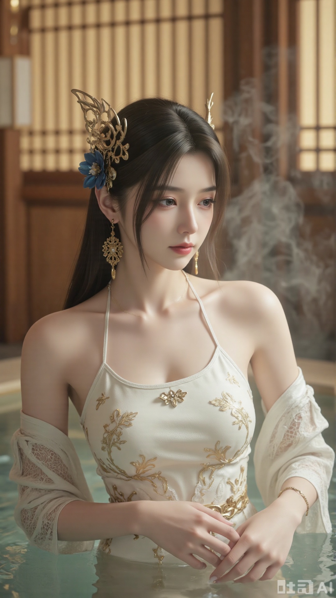 Ancient costume beauties,This is a high-resolution photograph of an East Asian woman, likely in her twenties, standing waist-deep in a steamy, misty pool. She has fair skin, delicate facial features, and long, straight black hair styled in an elegant updo adorned with traditional ornamental hairpins featuring intricate gold designs and pearls. Her eyes are almond-shaped and accentuated with subtle makeup, giving her a serene, contemplative expression.

She is wearing a white, lace halter top with intricate floral patterns, paired with a sheer, off-white, long-sleeved blouse that drapes over her shoulders, adding a soft, ethereal texture to her attire. The mist around her creates a dreamy, otherworldly atmosphere, with soft, diffused light casting gentle shadows that highlight her delicate features and the lace patterns of her top.

The background features wooden architecture with warm, earthy tones, suggesting an indoor setting with traditional wooden elements, possibly a bathhouse or a historical Japanese-style room. The wooden panels are partially visible, adding a sense of depth and historical context to the scene. The overall mood of the photograph is serene and nostalgic, capturing a moment of quiet reflection in a tranquil, ancient setting.