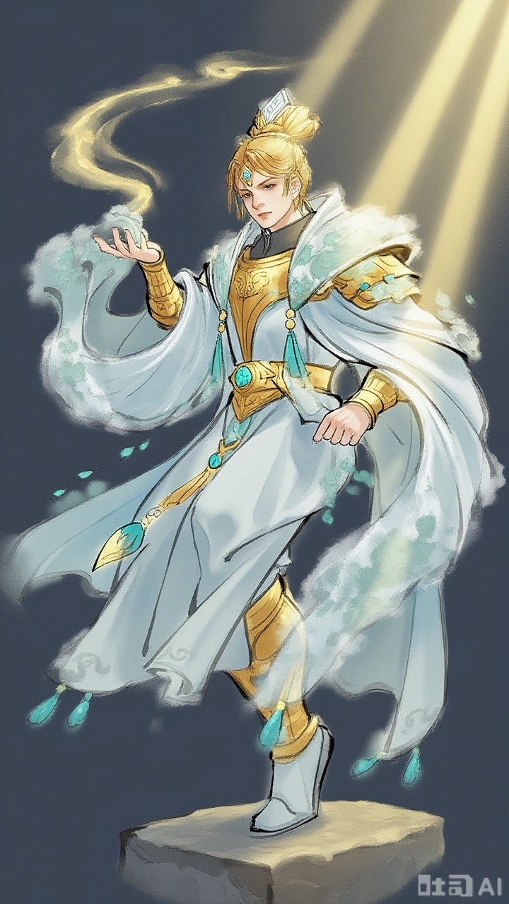 This is a digital illustration taken from the camera angle on the oblique side. The picture shows a young priest wearing magnificent armor. The overall color scheme is bright gold, ice blue and jade white intertwined. He is wearing a translucent cloak that looks like water waves. The edges of the cloak are decorated with jade cloud patterns and sapphire tassels. He was stepping on a floating stone slab, his hands spread out, a golden rune halo floating in his palm, his hair was in a light golden bundle, and a crystal pendant hung on his head crown. Armor is like a combination of armor and a dress, with brilliant inscriptions in the joints. The background is a gradient of dark blue to light gold, and the light columns of light pass through the picture like the morning light passing through the clouds, reflecting the sacred and solemn figure of the priest