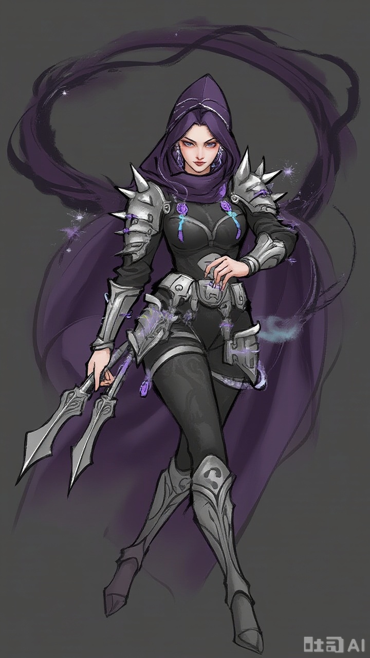 This is a digital illustration taken from the angle of a camera on the proximal diagonal. In the picture is a mysterious female assassin wearing tight armor woven from violet and black silver. The overall color is pitch-black, with sharp metal shoulder spikes and hollow chest guards. The cloak is a translucent deep purple phantom fabric, floating behind it like smoke. She was walking slowly, holding two daggers in her left hand and her right hand approaching her waist. She was smart in her posture, her hair was squinting and flickering amethyst jewelry. The edges of the armor are covered with complex talisman lines, and flashing runes are embedded on the armor on the legs. The background is a dynamic arc texture intertwined by black purple and dark blue, embellished with star-like particles, and the entire picture is full of hidden, cold and dangerous beauty. ,ashyh