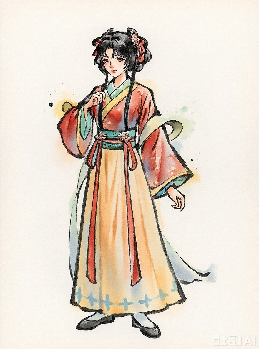 Repaint the character in expressive watercolor and ink style.
Use bold black ink brush outlines and bleeding edges.
Render the body and clothing with a translucent, soaked-pigment effect.
Create soft internal color diffusion and semi-transparent washes.
Blend controlled brushwork with spontaneous pigment bloom and scattering textures.
Combine sharp ink contours with airy, layered watercolor inside the form.
Emphasize handmade imperfections, visible paper texture, and tonal flow across the figure.
The entire image should feel like a hand-painted fantasy portrait on rice paper, with floating ink rhythm and light-filled forms.