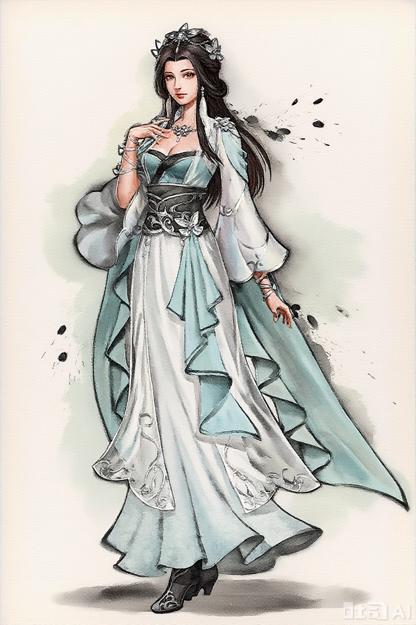 Repaint the character in expressive watercolor and ink style.
Use bold black ink brush outlines and bleeding edges.
Render the body and clothing with a translucent, soaked-pigment effect.
Create soft internal color diffusion and semi-transparent washes.
Blend controlled brushwork with spontaneous pigment bloom and scattering textures.
Combine sharp ink contours with airy, layered watercolor inside the form.
Emphasize handmade imperfections, visible paper texture, and tonal flow across the figure.
The entire image should feel like a hand-painted fantasy portrait on rice paper, with floating ink rhythm and light-filled forms.