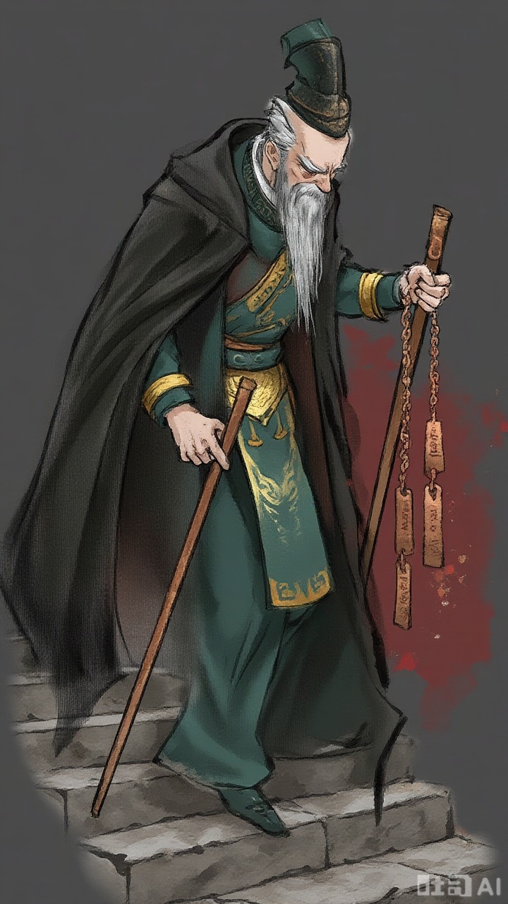This is a digital illustration taken from the camera angle above the slanted back, depicting a thin old man wearing a Chinese ritual robe with dark green and dark gold tones and a long black cloak with a worn black cloak. He held a long-handled crutch in one hand and a string of copper chains engraved with inscriptions in the other hand, and walked slowly on the abandoned stone steps with his head down. The surface of the armor is covered with cracks and mottled oxide layers, and the face is covered by shadows, and only a strand of silver hair can be seen hanging down. The background is a transitional color block with dark gray and red, interspersed with fine white dots, with a heavy and static atmosphere.