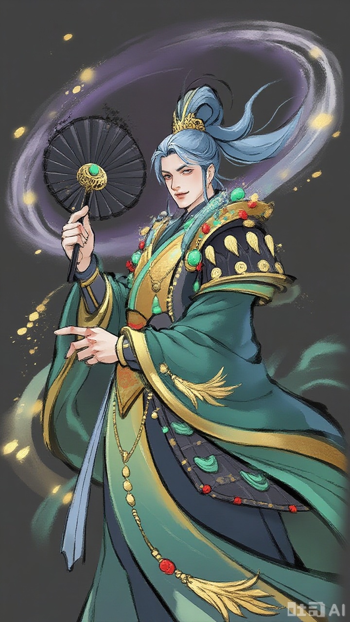 This is a digital illustration taken from the camera angle above the front side, depicting a young military advisor wearing a golden and blue Chinese battle robe and armor, with a shoulder armor spreading in the shape of a peacock feather, the cloak is gradient green and embroidered with golden silk phoenix patterns on the edges. He held up a pitch-black feather fan with one hand and pointed the other forward with a confident posture, slightly raised his mouth and sharp eyes. The hair is tied into a high ponytail and decorated with a blue-blonde crown. The surface of the armor is decorated with jade and ruby, which shines brightly under the light. The background is a halo of dark purple and blue intertwined, scattering golden particles and curved streams, creating an atmosphere of a mysterious strategist.
