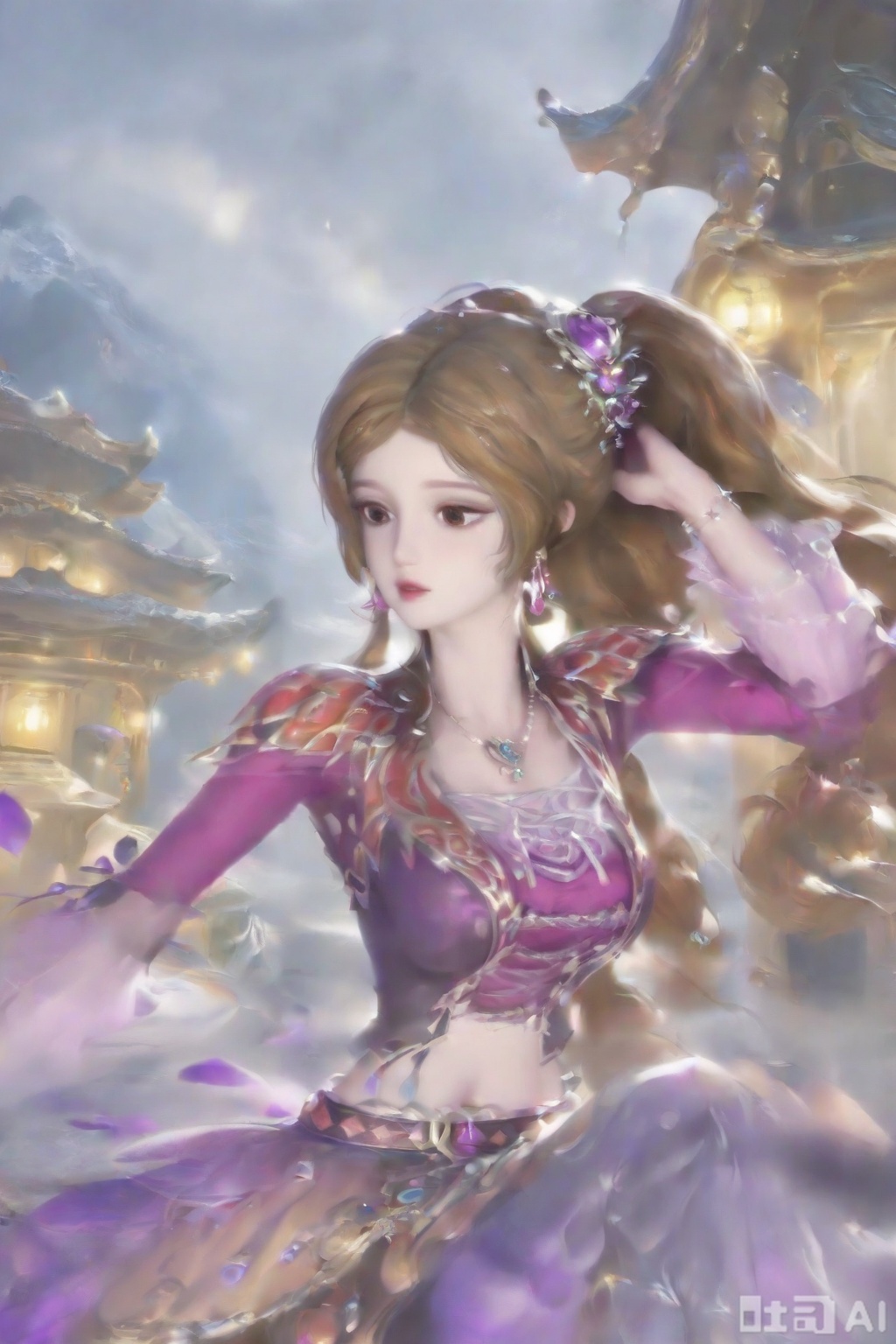 Score _9, score _8_up, score _7_up, 1 girl, solo, long hair, watching the audience, skirt, brown hair, dress, navel, double tail, brown eyes, jewelry, earrings, shoes, abdomen, high heels, hair accessories, jewelry, purple eyes, earrings, abdomen, belt, necklace, gemstone.Fog, petals, ancient buildings, mountains,start wearing,Close-up of upper body,be seated