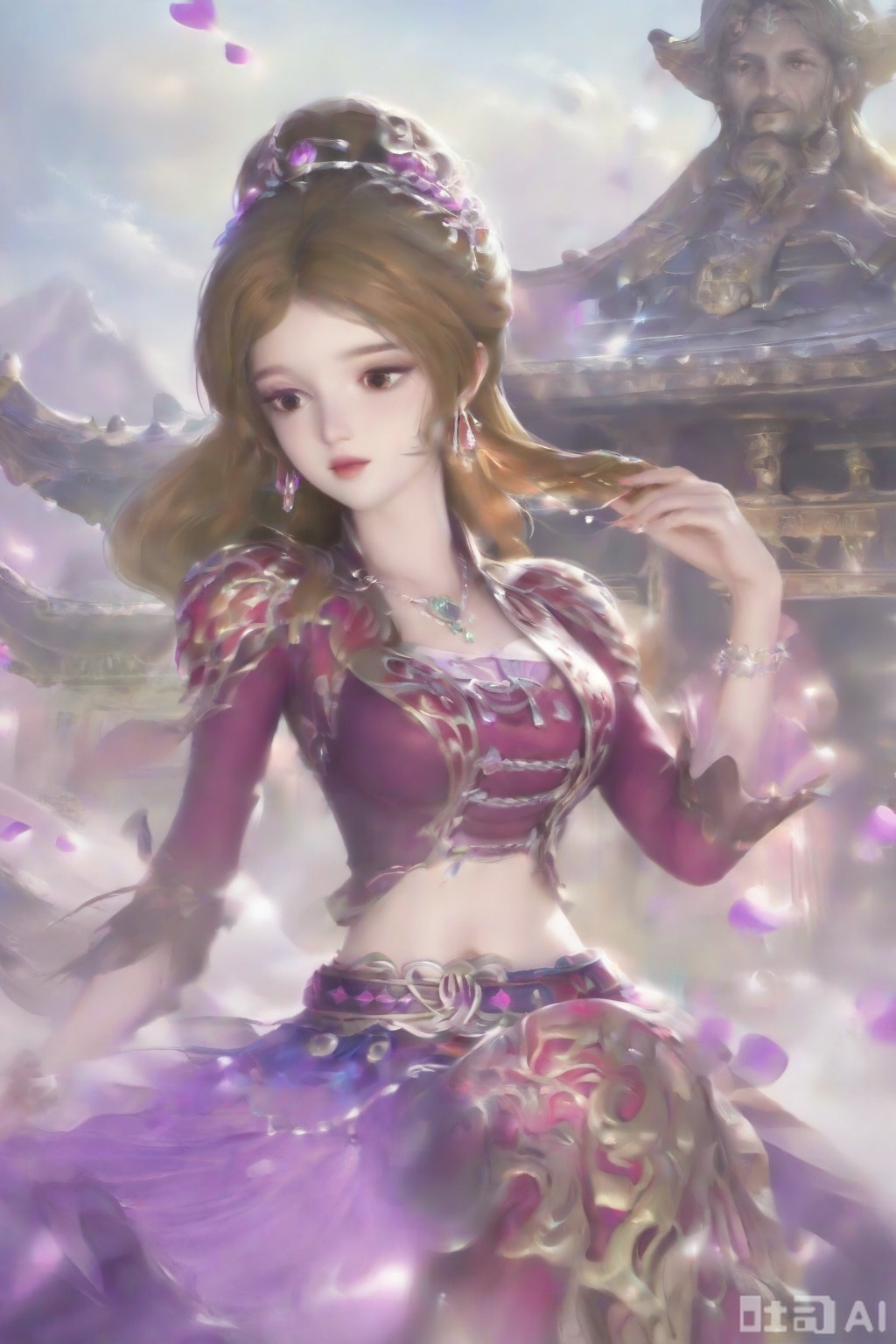 Score _9, score _8_up, score _7_up, 1 girl, solo, long hair, watching the audience, skirt, brown hair, dress, navel, double tail, brown eyes, jewelry, earrings, shoes, abdomen, high heels, hair accessories, jewelry, purple eyes, earrings, abdomen, belt, necklace, gemstone.Fog, petals, ancient buildings, mountains,start wearing,Close-up of upper body,be seated