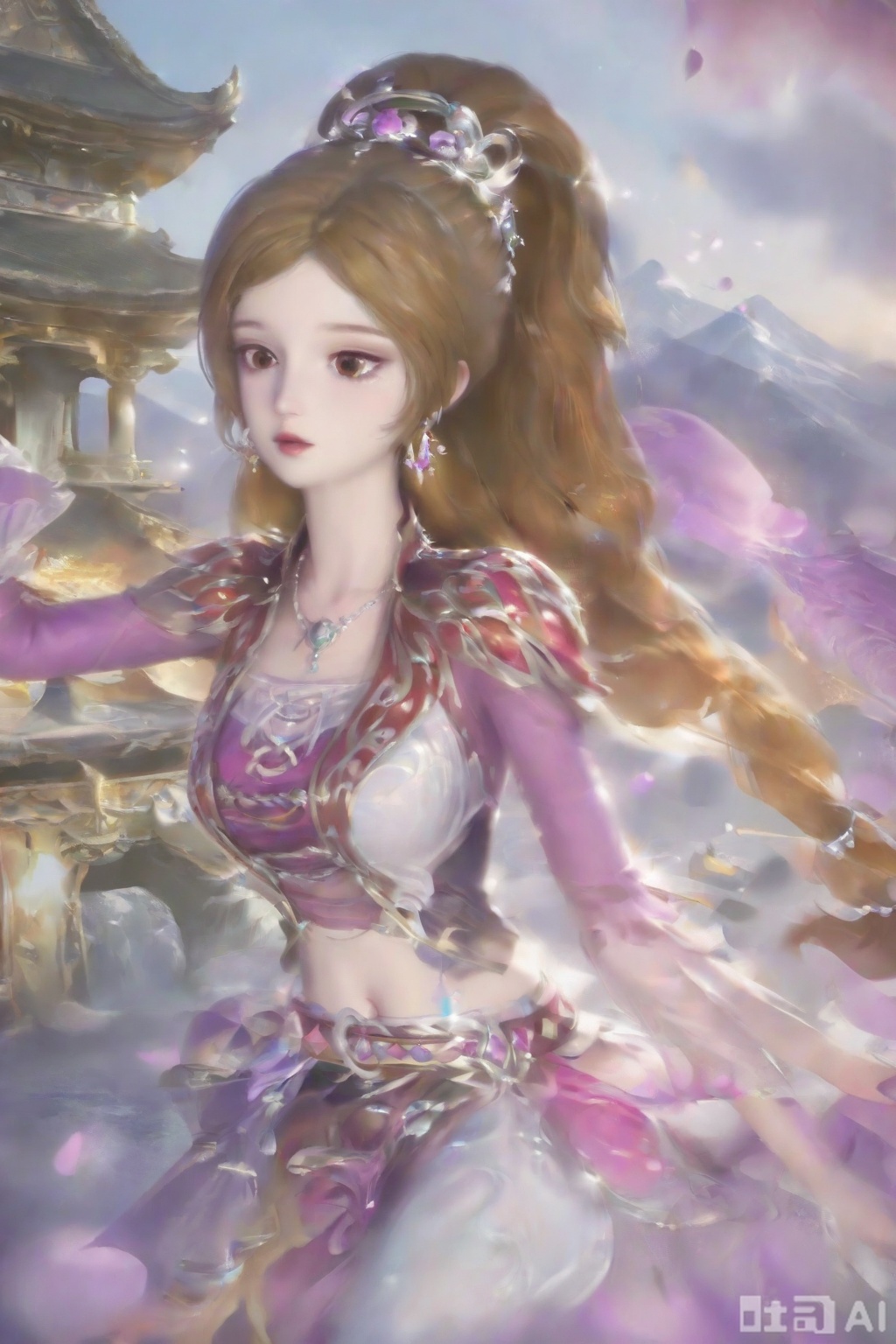 Score _9, score _8_up, score _7_up, 1 girl, solo, long hair, watching the audience, skirt, brown hair, dress, navel, double tail, brown eyes, jewelry, earrings, shoes, abdomen, high heels, hair accessories, jewelry, purple eyes, earrings, abdomen, belt, necklace, gemstone.Fog, petals, ancient buildings, mountains,start wearing,Close-up of upper body,be seated
