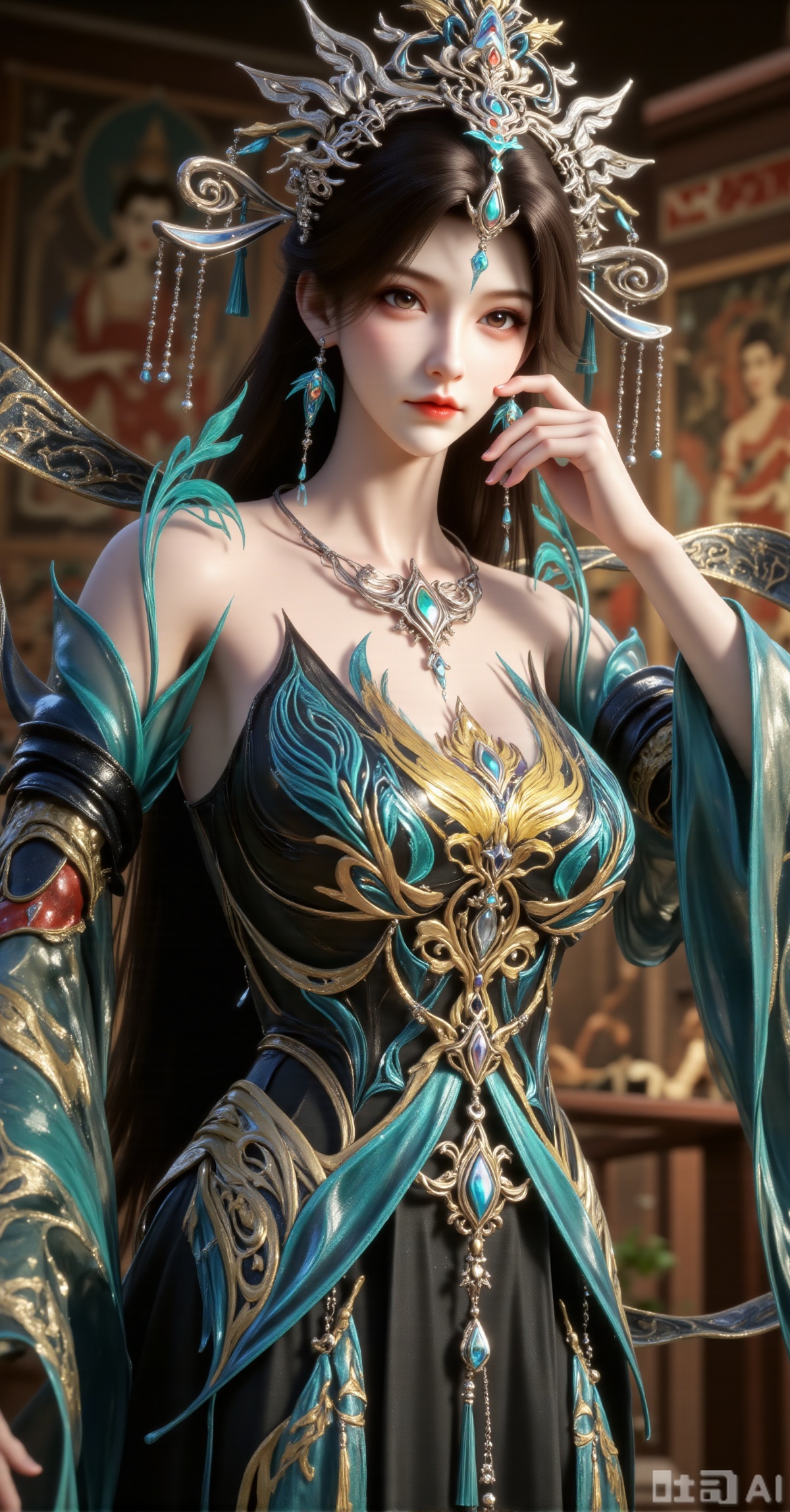 Masterpiece, best quality, ultra - detailed. A Chinese - style fantasy fairy, with long flowing hair and an ornate headdress inlaid with peacock - like patterns and jewels. She wears elaborate clothing with turquoise and gold tones, featuring translucent sleeves and intricate phoenix - themed designs on the chest. One hand rests gracefully on her cheek. The background shows ancient Buddhist murals with a warm, cinematic lighting. Realistic rendering, high - detail accessories, Oriental mysticism, 8K resolution.