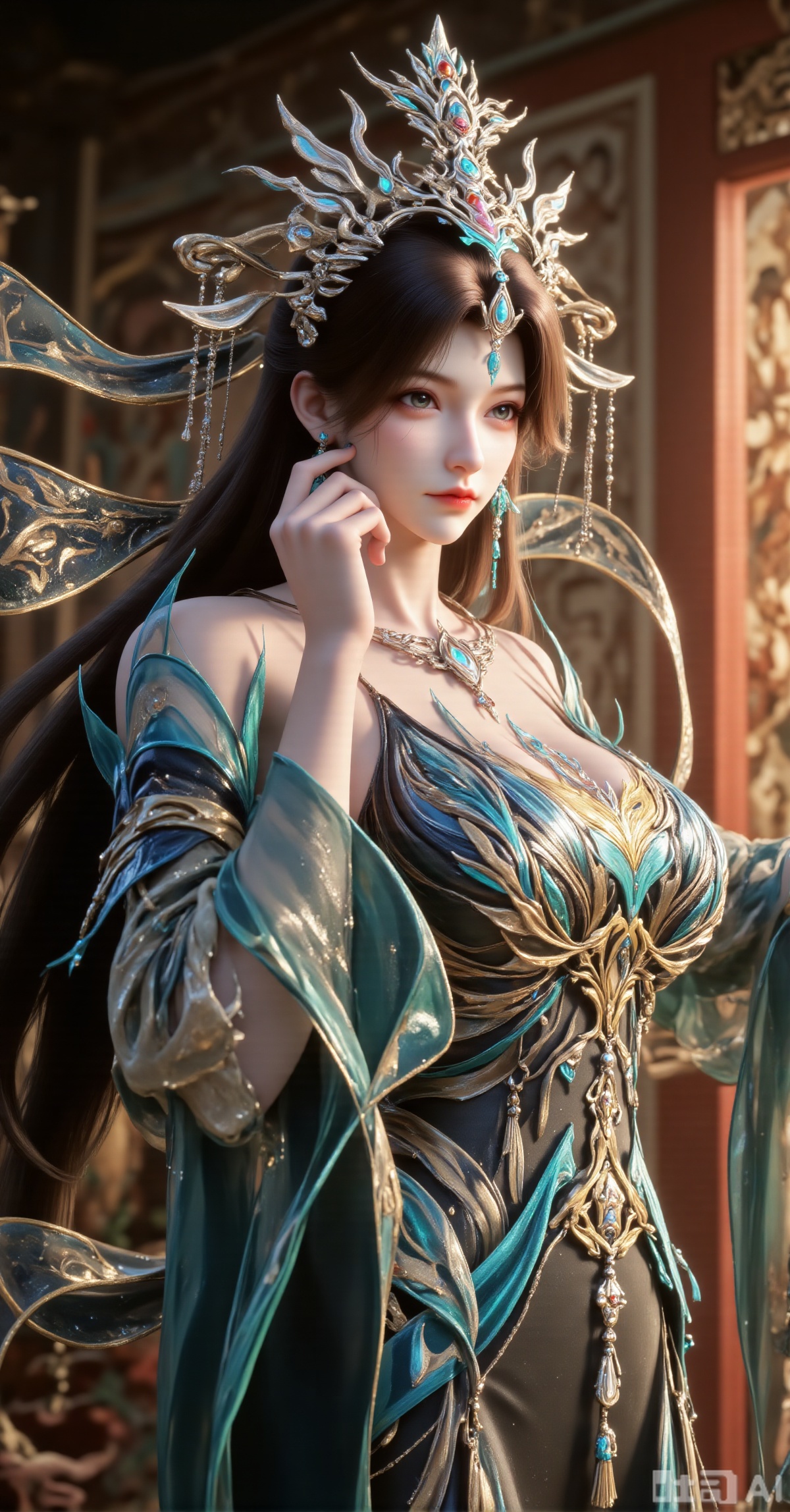 Masterpiece, best quality, ultra - detailed. A Chinese - style fantasy fairy, with long flowing hair and an ornate headdress inlaid with peacock - like patterns and jewels. She wears elaborate clothing with turquoise and gold tones, featuring translucent sleeves and intricate phoenix - themed designs on the chest. One hand rests gracefully on her cheek. The background shows ancient Buddhist murals with a warm, cinematic lighting. Realistic rendering, high - detail accessories, Oriental mysticism, 8K resolution.