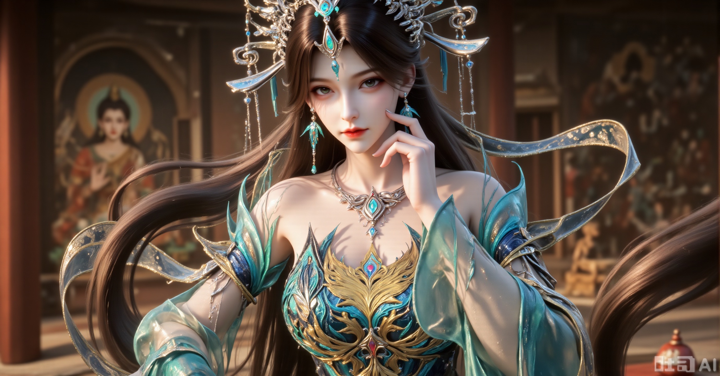 Masterpiece, best quality, ultra - detailed. A Chinese - style fantasy fairy, with long flowing hair and an ornate headdress inlaid with peacock - like patterns and jewels. She wears elaborate clothing with turquoise and gold tones, featuring translucent sleeves and intricate phoenix - themed designs on the chest. One hand rests gracefully on her cheek. The background shows ancient Buddhist murals with a warm, cinematic lighting. Realistic rendering, high - detail accessories, Oriental mysticism, 8K resolution.