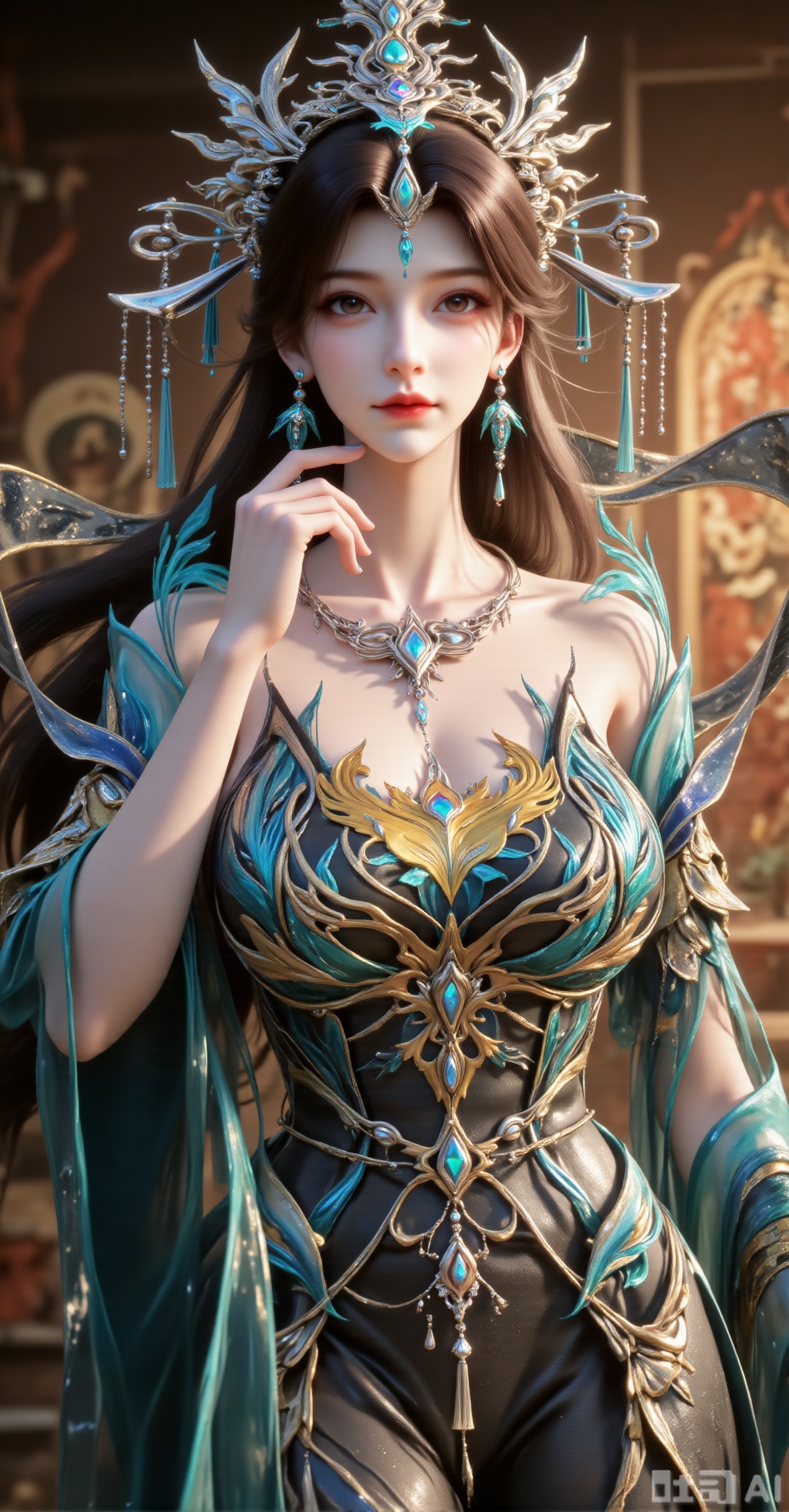 Masterpiece, best quality, ultra - detailed. A Chinese - style fantasy fairy, with long flowing hair and an ornate headdress inlaid with peacock - like patterns and jewels. She wears elaborate clothing with turquoise and gold tones, featuring translucent sleeves and intricate phoenix - themed designs on the chest. One hand rests gracefully on her cheek. The background shows ancient Buddhist murals with a warm, cinematic lighting. Realistic rendering, high - detail accessories, Oriental mysticism, 8K resolution.