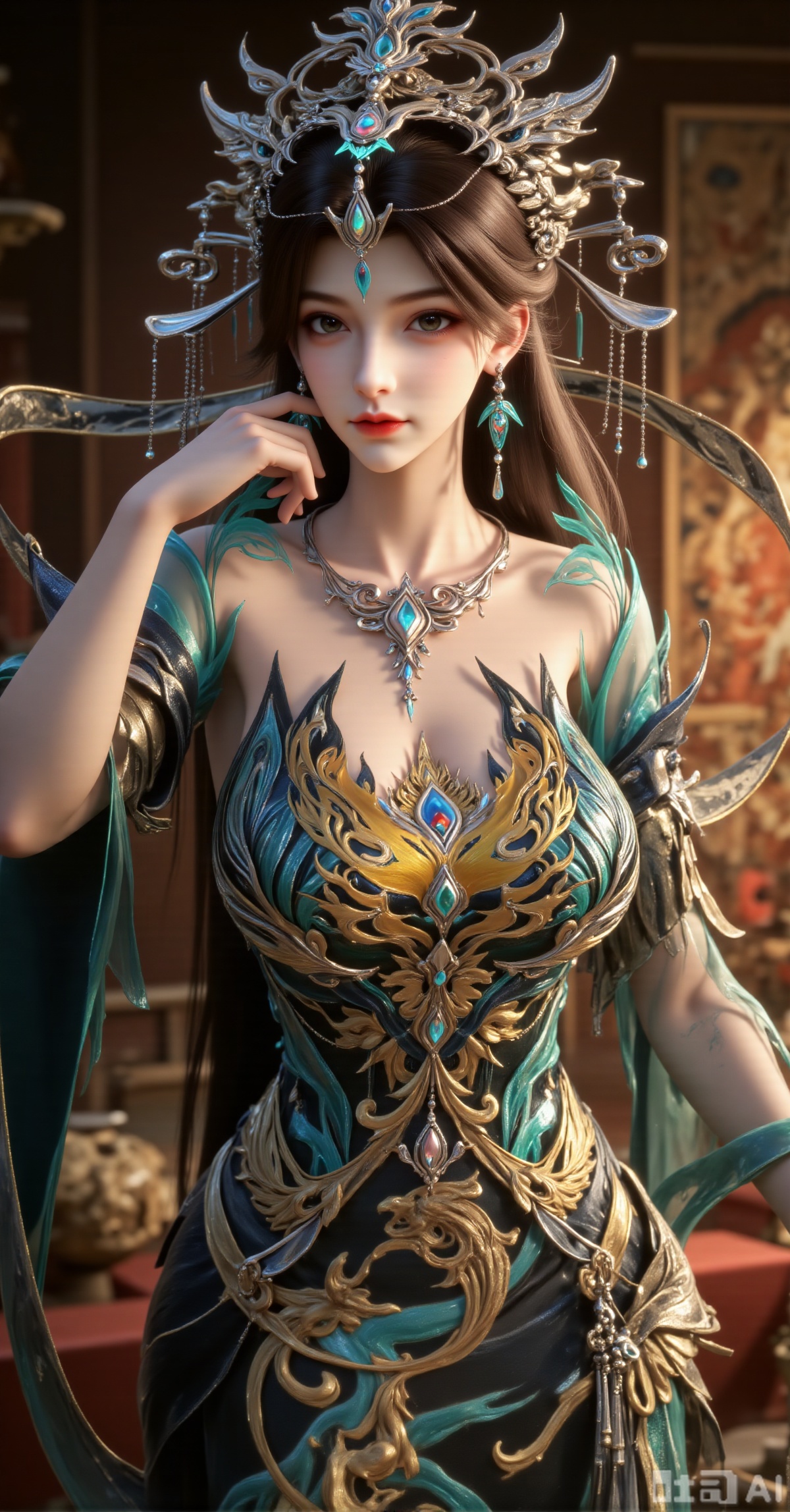 Masterpiece, best quality, ultra - detailed. A Chinese - style fantasy fairy, with long flowing hair and an ornate headdress inlaid with peacock - like patterns and jewels. She wears elaborate clothing with turquoise and gold tones, featuring translucent sleeves and intricate phoenix - themed designs on the chest. One hand rests gracefully on her cheek. The background shows ancient Buddhist murals with a warm, cinematic lighting. Realistic rendering, high - detail accessories, Oriental mysticism, 8K resolution.