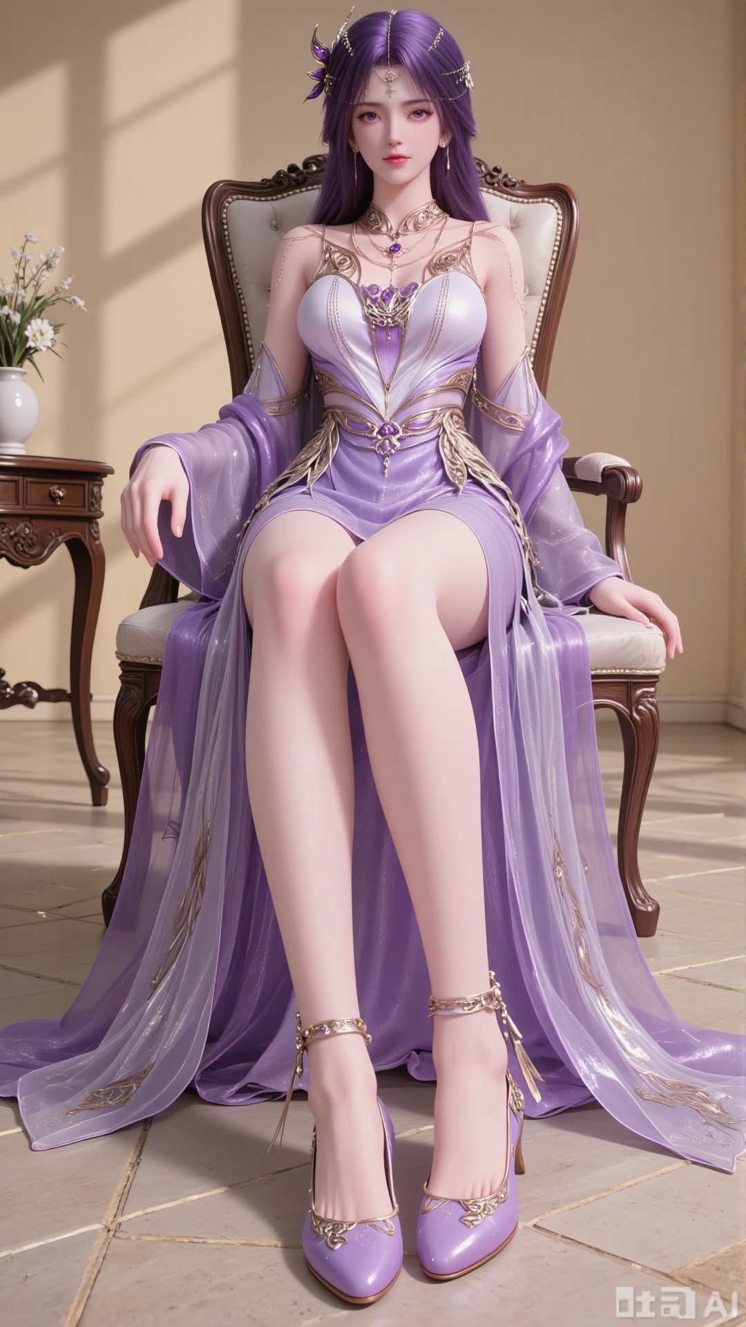 Realistic style, indoor scene with a simple pure beige background. Natural light casts soft light and shadow, enhancing the authentic atmosphere. The picture shows a frontal shot of a single girl sitting on a chair: she has long purple hair flowing down, adorned with delicate hair accessories; her eyes are purple, and she wears earrings and a necklace as jewelry. She is dressed in a purple wide-sleeved dress that reveals her legs, which are paired with purple flat embroidered shoes. Her ivory-white skin contrasts gently with the purple attire, and the dress accentuates her curvaceous figure. The overall composition focuses on her seated posture, with the simple background keeping the attention on her.