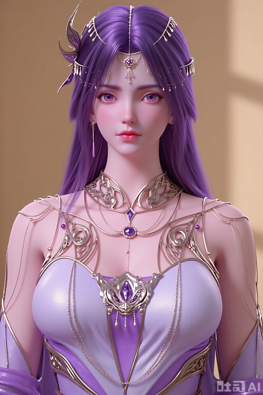 Realistic style, indoor scene with a simple pure beige background. Natural light creates soft light and shadow effects. The picture shows a close-up of the upper body of a single girl facing forward: she has long purple hair with smooth strands, adorned with delicate hair accessories; her eyes are purple, and she wears earrings and a necklace as jewelry; she is dressed in a purple wide-sleeved dress, which reveals her legs (though only the upper body is in close-up, the dress design implies this); her skin is ivory white, and her figure is highlighted by the dress.