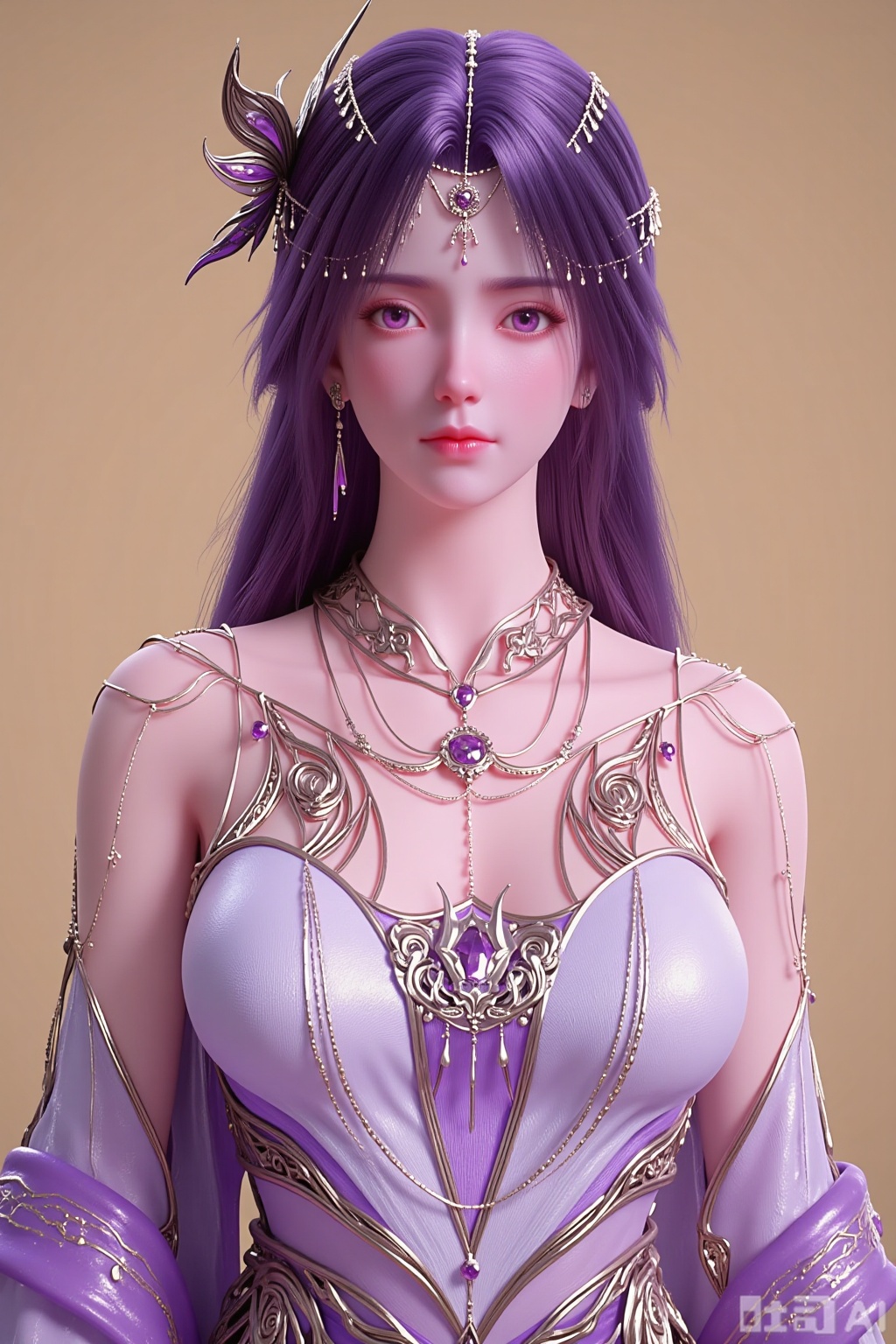 Realistic style, indoor scene with a simple pure beige background. Natural light creates soft light and shadow effects. The picture shows a close-up of the upper body of a single girl facing forward: she has long purple hair with smooth strands, adorned with delicate hair accessories; her eyes are purple, and she wears earrings and a necklace as jewelry; she is dressed in a purple wide-sleeved dress, which reveals her legs (though only the upper body is in close-up, the dress design implies this); her skin is ivory white, and her figure is highlighted by the dress.