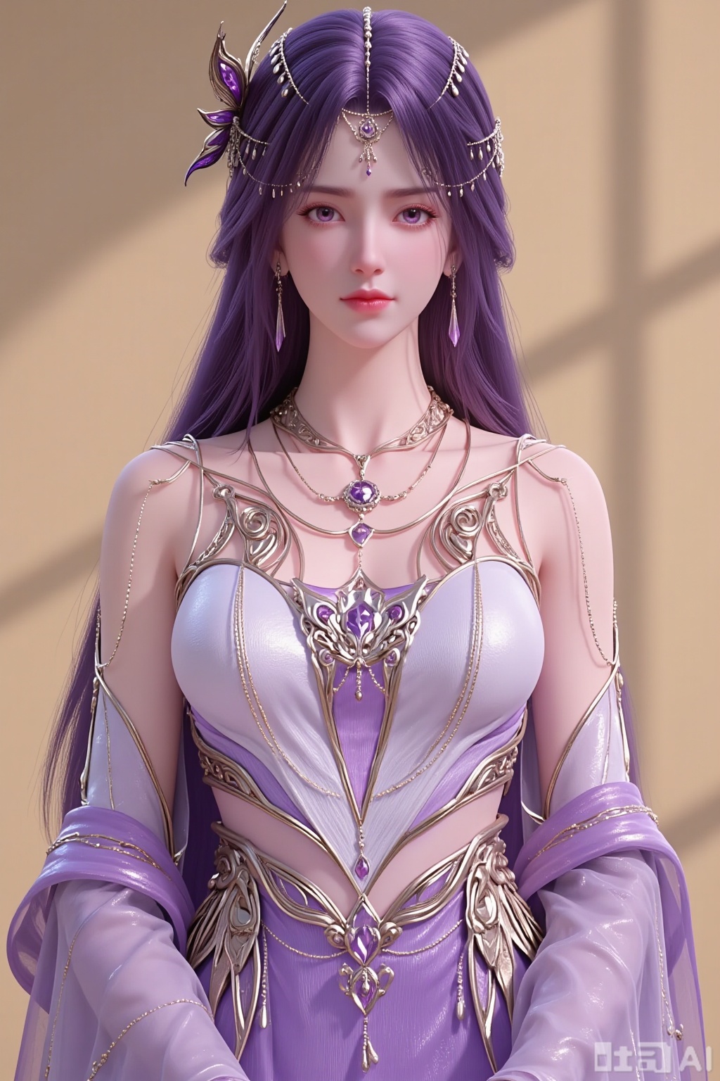 Realistic style, indoor scene with a simple pure beige background. Natural light creates soft light and shadow effects. The picture shows a close-up of the upper body of a single girl facing forward: she has long purple hair with smooth strands, adorned with delicate hair accessories; her eyes are purple, and she wears earrings and a necklace as jewelry; she is dressed in a purple wide-sleeved dress, which reveals her legs (though only the upper body is in close-up, the dress design implies this); her skin is ivory white, and her figure is highlighted by the dress.