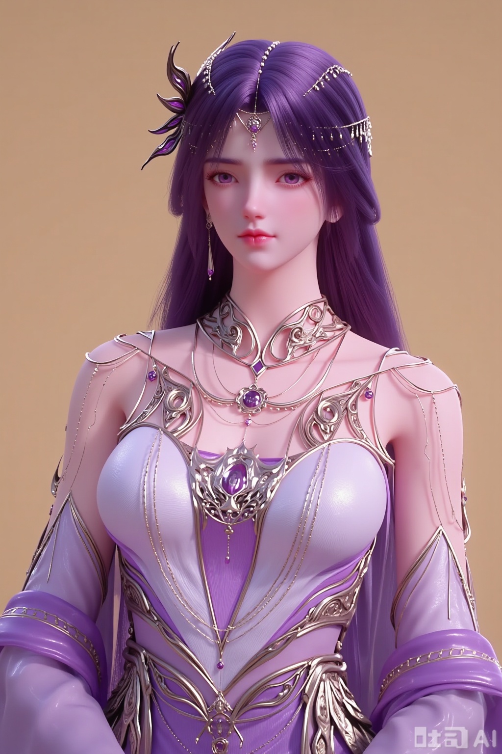 Realistic style, indoor scene with a simple pure beige background. Natural light creates soft light and shadow effects. The picture shows a close-up of the upper body of a single girl facing forward: she has long purple hair with smooth strands, adorned with delicate hair accessories; her eyes are purple, and she wears earrings and a necklace as jewelry; she is dressed in a purple wide-sleeved dress, which reveals her legs (though only the upper body is in close-up, the dress design implies this); her skin is ivory white, and her figure is highlighted by the dress.