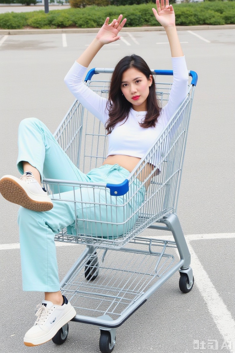 The image shows a person sitting inside a shopping cart, which is positioned on a paved surface, likely a parking lot. The person is wearing a white cropped top and light blue pants, along with white sneakers. Their legs are extended out of the shopping cart, and their hands are raised above their head. The shopping cart is empty, and the person appears to be posing for the camera. The background includes a parking lot with visible lines and a small section of greenery.