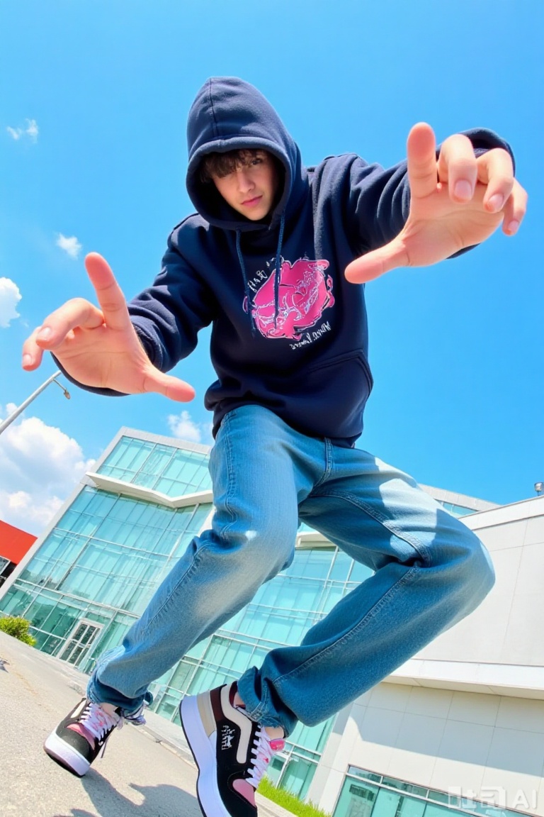 The image features a person wearing a dark blue hoodie with a pink and white graphic design on the front. The person is captured mid-motion, with one hand extended forward and the other arm slightly bent. They are wearing blue jeans and a pair of sneakers with white and pink laces. The background shows a clear blue sky with some clouds and a modern building with large windows. The overall scene appears dynamic and vibrant, with a focus on the person's action and the urban environment.