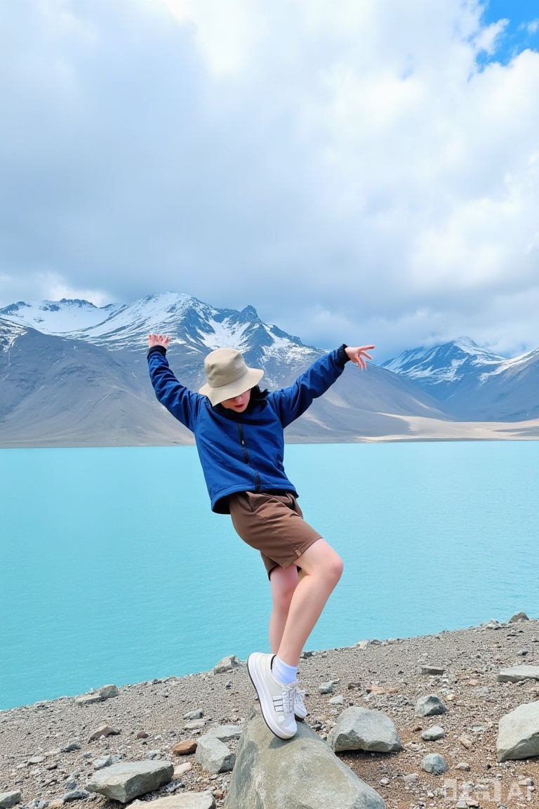The image shows a person standing on rocky terrain with a large body of water in the background. The person is wearing a blue jacket, brown shorts, white socks, and white sneakers. They are also wearing a beige hat. The person appears to be posing with one arm raised and the other bent, as if dancing or striking a playful pose. The background features a vast, serene lake with mountains in the distance, which are covered in a light dusting of snow. The sky is partly cloudy, adding a dramatic effect to the scene.