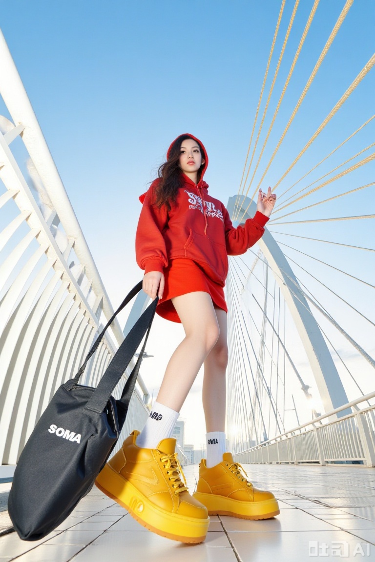 The image shows a person standing on a bridge with a modern architectural design. The individual is wearing a red hoodie, a red skirt, and oversized yellow sneakers with white socks. They are holding a black bag with the word "SOMA" written on it. The background features a large cable-stayed bridge with white railings and a clear blue sky. The person appears to be posing for the camera, with one hand raised and the other holding the bag. The overall setting suggests a casual, urban environment.