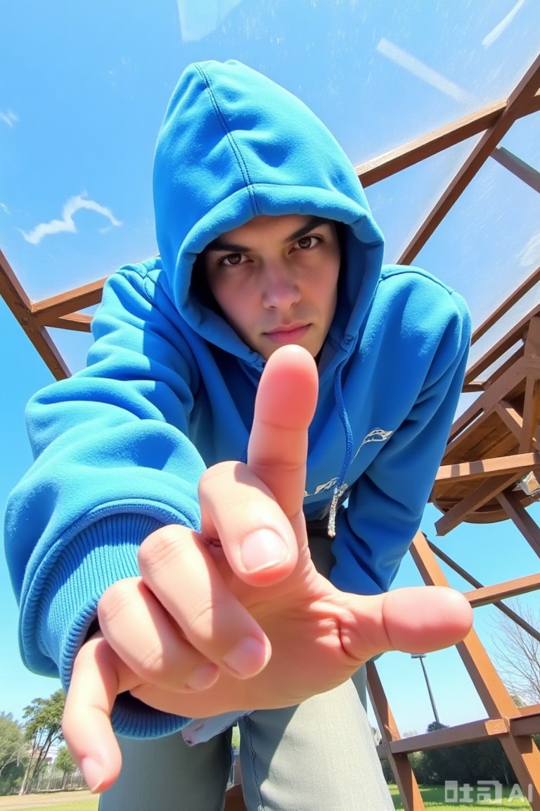 The image shows a person wearing a blue hoodie and a blue hood, standing under a transparent roof structure. The person is leaning forward, extending their right hand towards the camera, and wearing a ring on their finger. The background features a wooden structure, possibly part of a playground or a similar outdoor setting, with clear blue skies visible above. The person's expression is not fully visible, but their posture suggests they are engaged in an activity or posing for the photo.