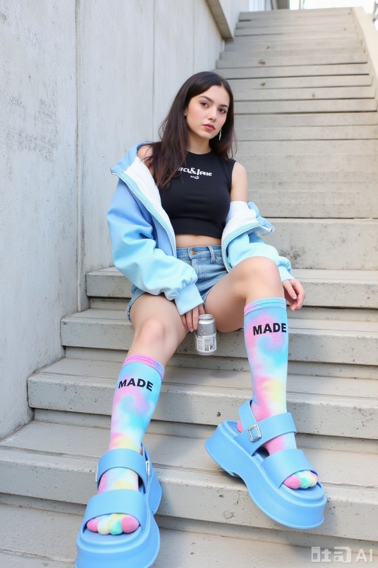 The image shows a person sitting on a set of concrete steps. They are wearing a black crop top with the word "MADE" printed on it, a light blue and white gradient hoodie, denim shorts, and large blue platform sandals. The person is also wearing knee-high socks with a colorful tie-dye pattern and the word "MADE" printed on them. They are holding a can in their right hand. The background consists of a textured concrete wall with a series of steps leading upwards. The overall setting appears to be outdoors, possibly in an urban area.