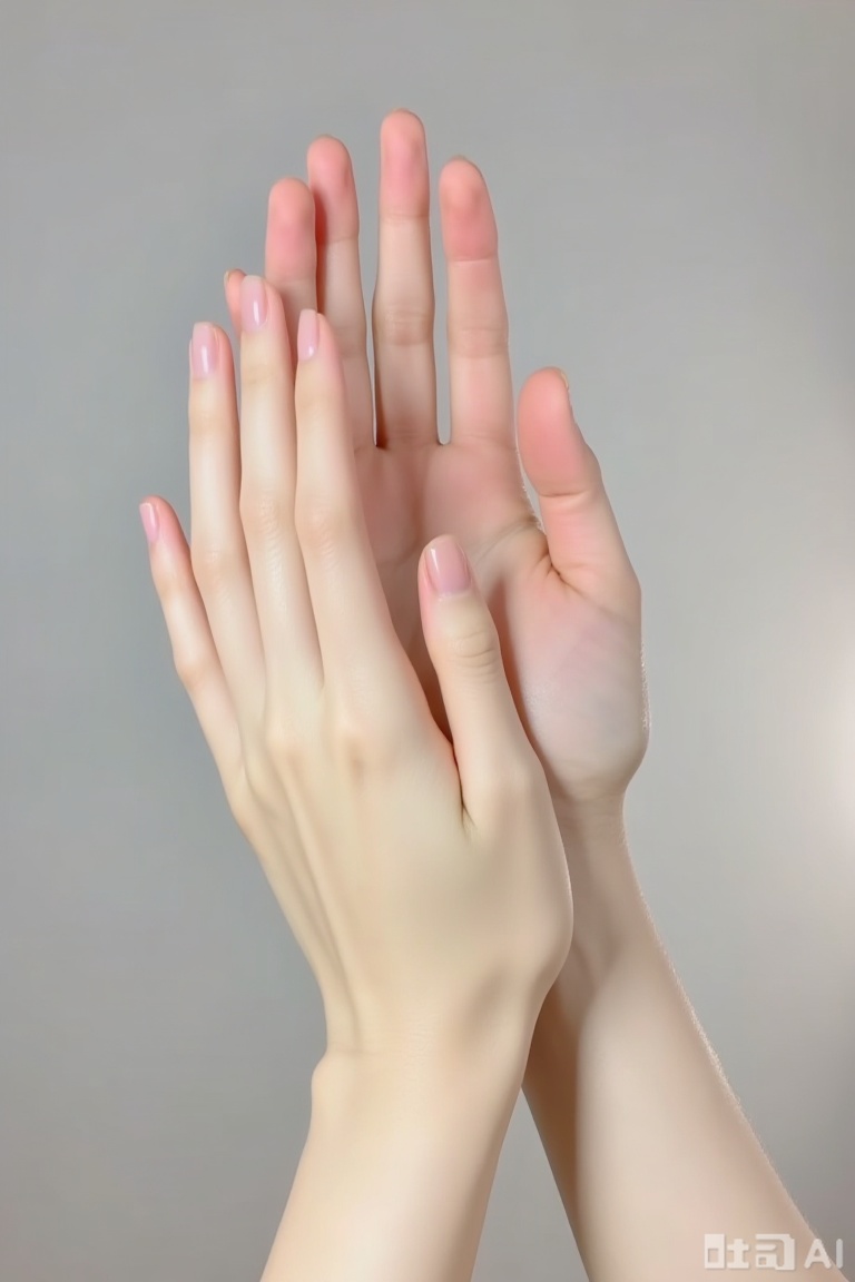 The image shows a close-up of two hands, one slightly larger than the other, with the palms facing each other. The hands are positioned in such a way that they appear to be gently touching or holding each other. The skin on the hands is smooth and slightly glossy, suggesting a clean or moisturized surface. The nails are neatly trimmed and painted with a light pink or nude polish. The background is a plain, neutral gray, which helps to keep the focus on the hands.