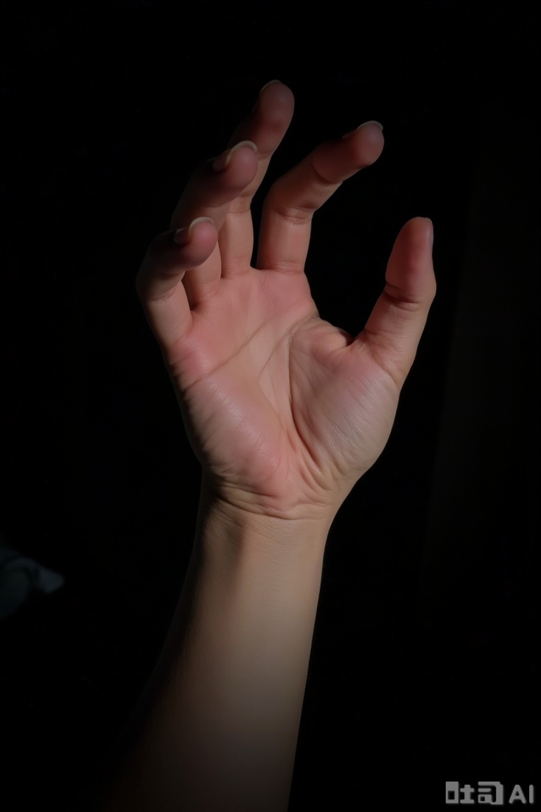 The image shows a close-up of a human hand, illuminated by a soft light source that casts shadows on the hand's surface. The hand is positioned with fingers spread apart, and the skin appears smooth and slightly wrinkled. The lighting creates a contrast between the illuminated areas and the darker background, emphasizing the texture of the hand's skin. The hand is the central focus of the image, with no other objects or text present. The background is dark, which helps to highlight the hand as the main subject.