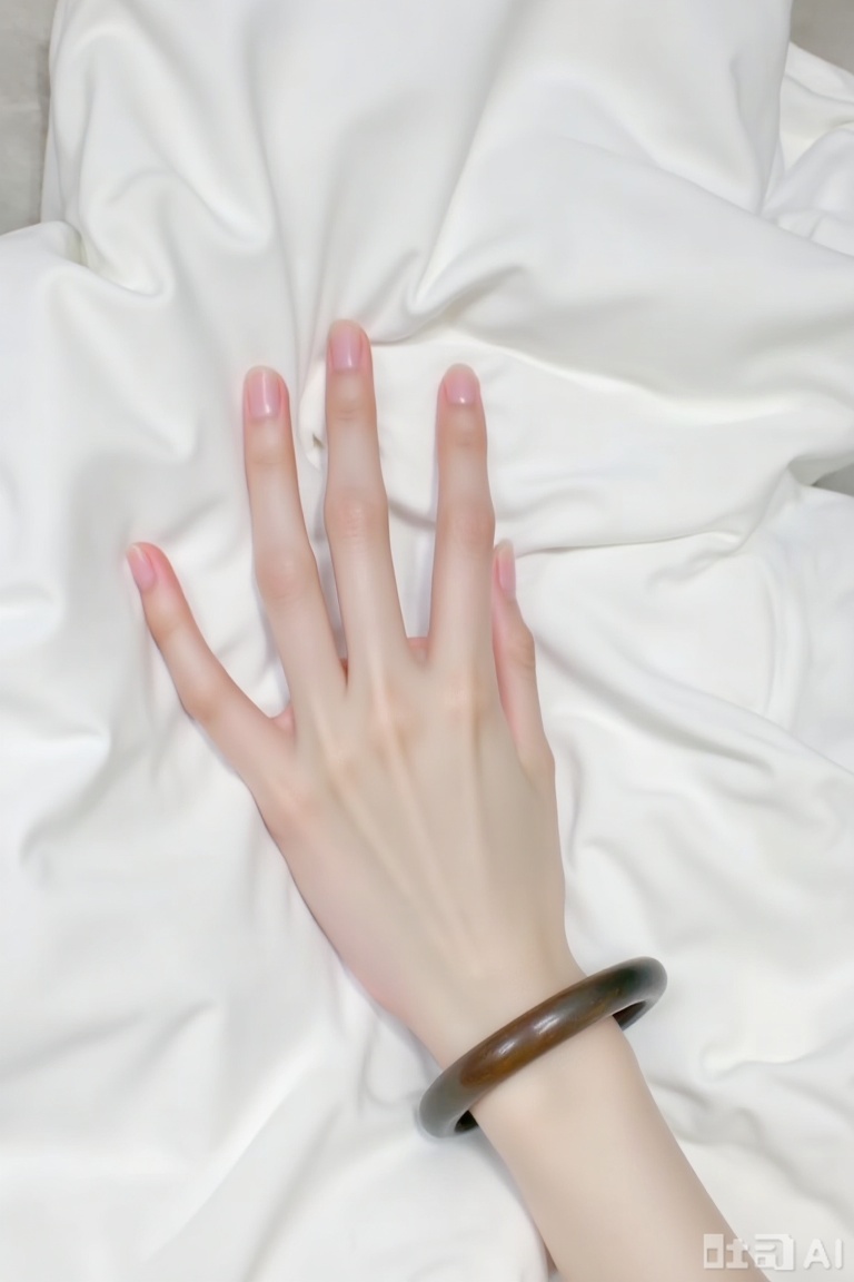 The image shows a close-up of a human hand resting on a white fabric surface. The hand appears to be delicate, with slender fingers and a smooth, slightly pink skin tone. The wrist is adorned with a dark brown or black bracelet, which seems to be made of a smooth, possibly wooden material. The background consists of a white, soft fabric that looks like a blanket or a sheet, with a subtle texture that suggests it might be made of a lightweight, breathable material. The overall setting is minimalistic, focusing on the hand and the bracelet.