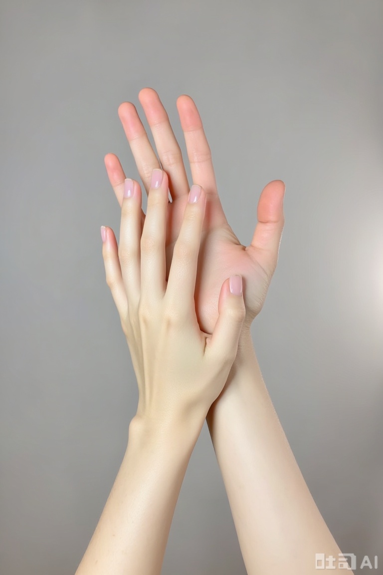 The image shows a close-up of two hands, one slightly larger than the other, with the palms facing each other. The hands are positioned in such a way that they appear to be gently touching or holding each other. The skin on the hands is smooth and slightly glossy, suggesting a clean or moisturized surface. The nails are neatly trimmed and painted with a light pink or nude polish. The background is a plain, neutral gray, which helps to keep the focus on the hands.