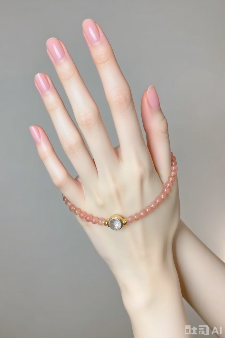 The image shows a close-up of a hand with neatly manicured nails, painted in a light pink or nude polish. The hand is holding a bracelet made of small, round beads that appear to be pink and gold in color. The bracelet is adorned with a single, round, clear stone in the center, surrounded by smaller gold-colored beads. The background is a plain, neutral gray, which helps to highlight the details of the hand and bracelet.
